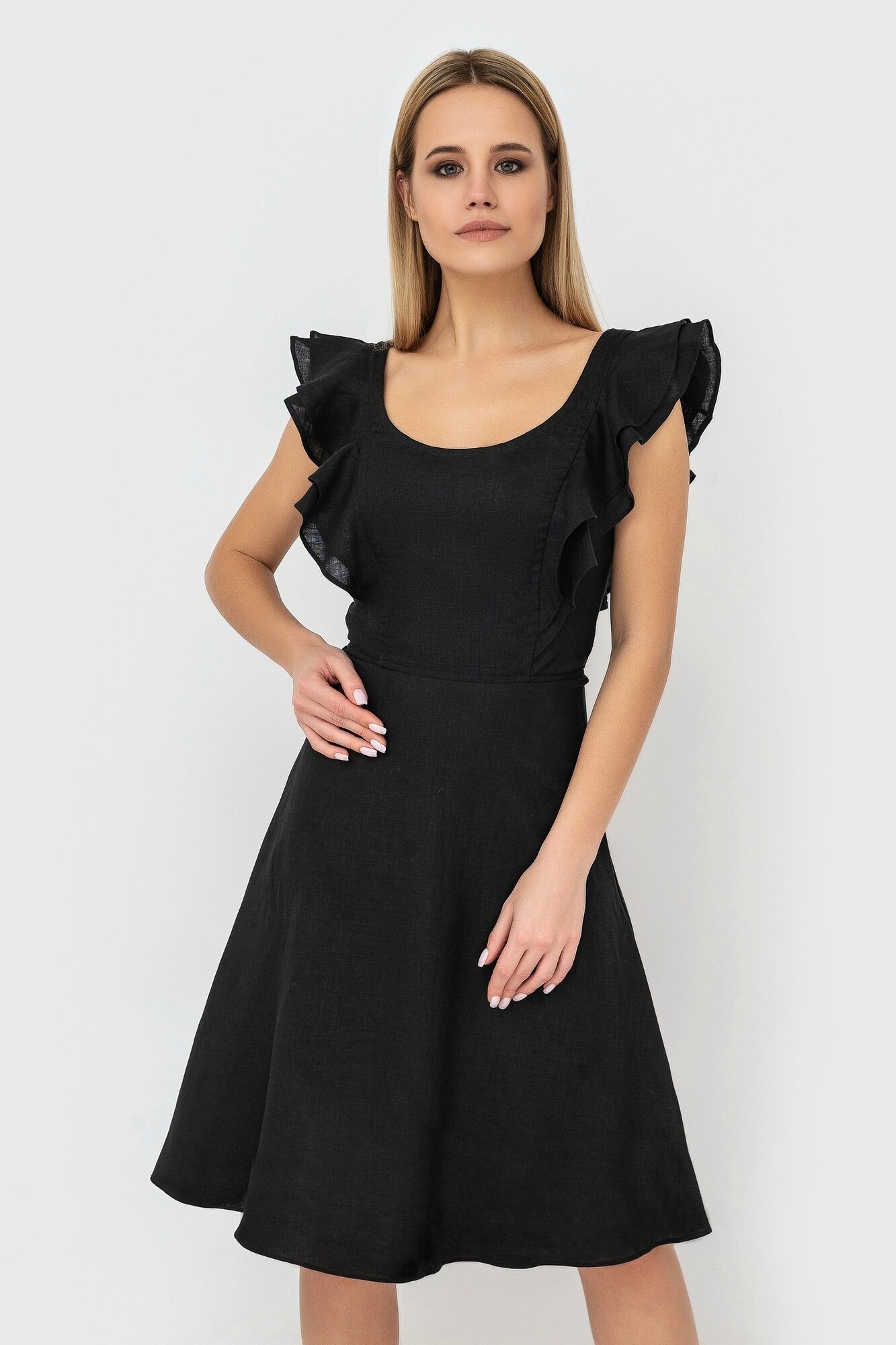 Black linen mini sundress with straps and ruffles