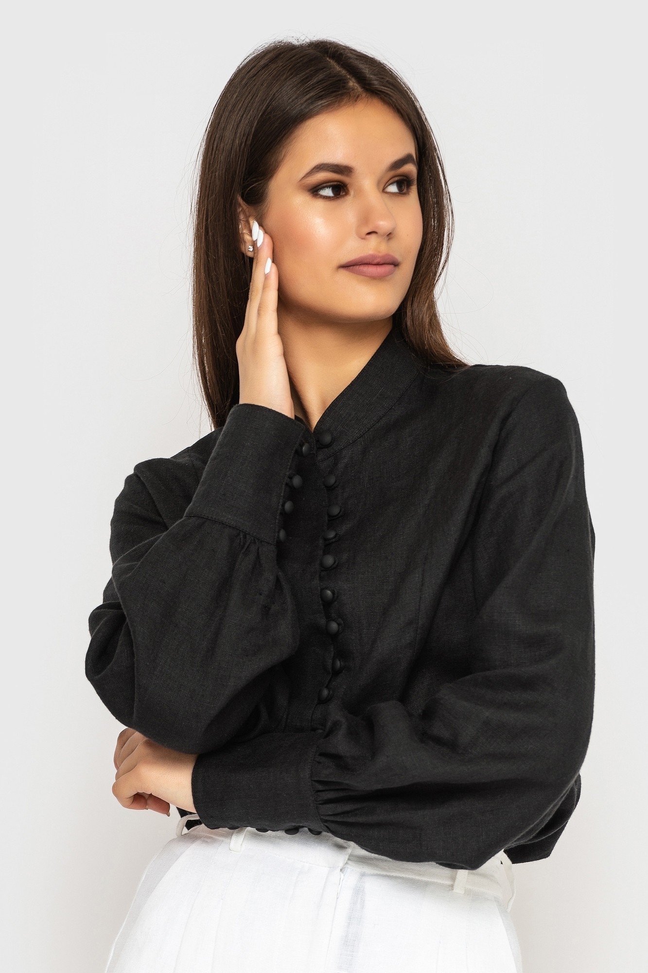 Black Linen shirt with stand-up collar and wide cuffs