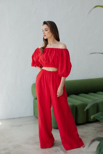 Set of red linen top and trousers