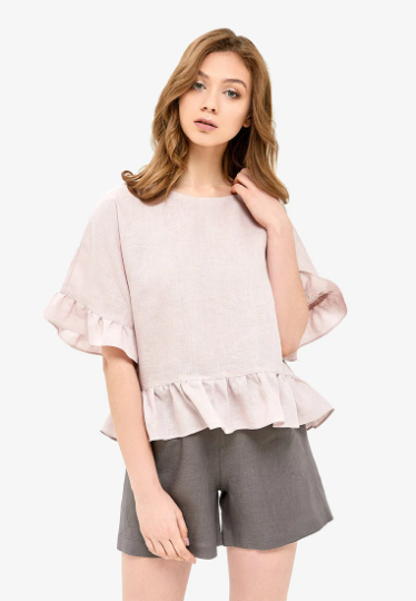 Linen Pajama Set Pale Rose top and Gray shorts