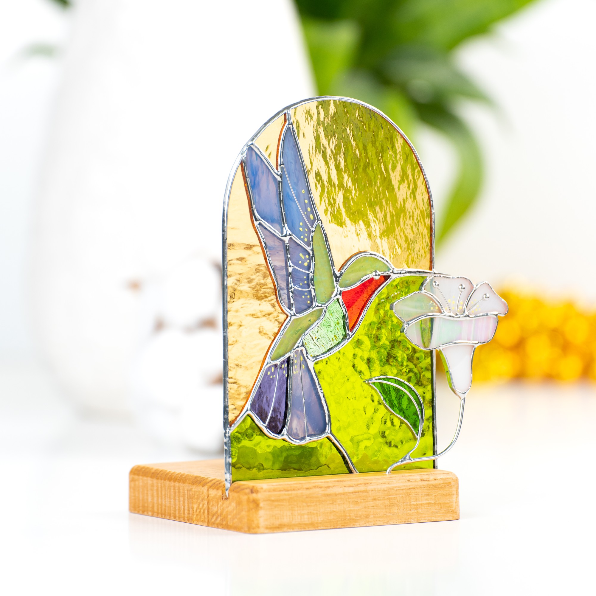 Hummingbird stained glass candle holder
