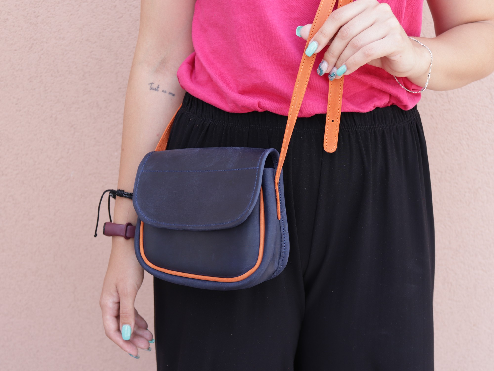 Leather Small Women's Half Round Shoulder Bag for Women/ Blue + Orange/ 1007