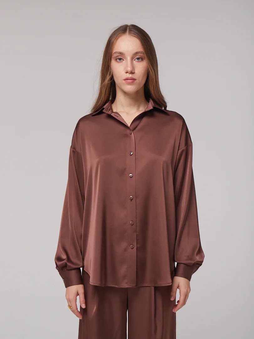 Brown silk shirt of free cut with a lowered shoulder - 22481 from Mint ...