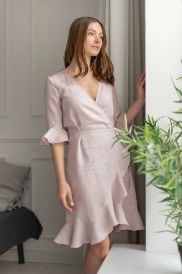 Pale Rose Linen Robe with Ruffles