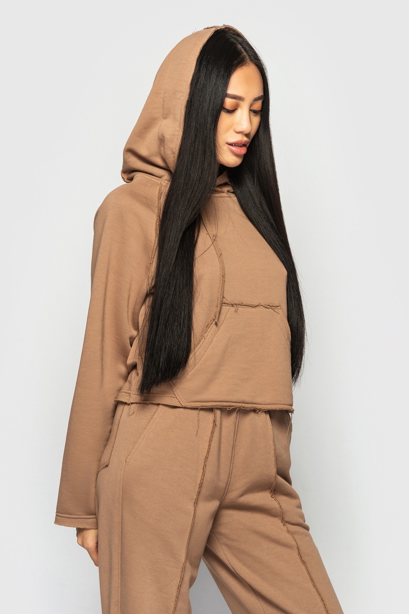 Hoodie with a hood and patches light brown