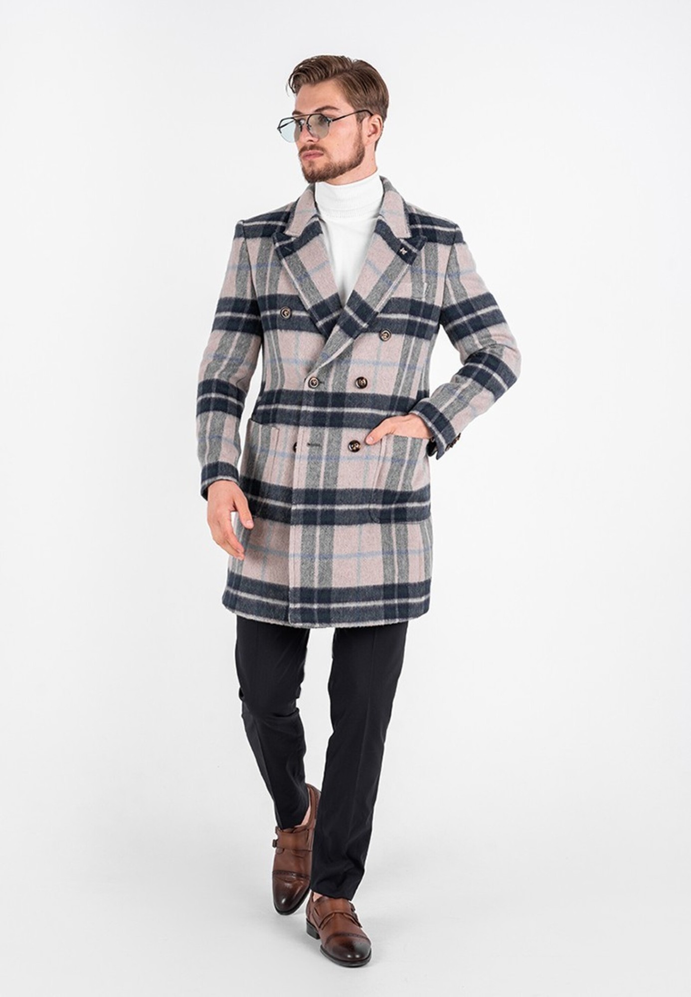 A checkered wool coat is blue
