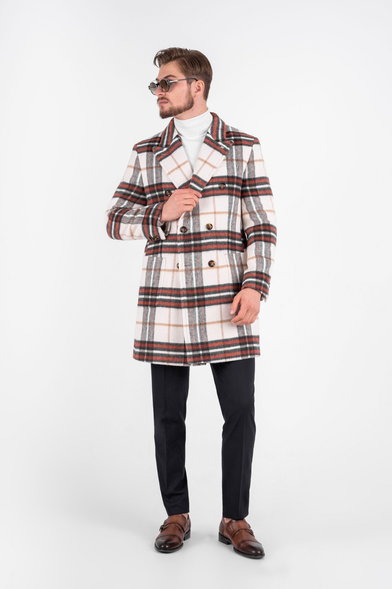 Red checkered wool coat