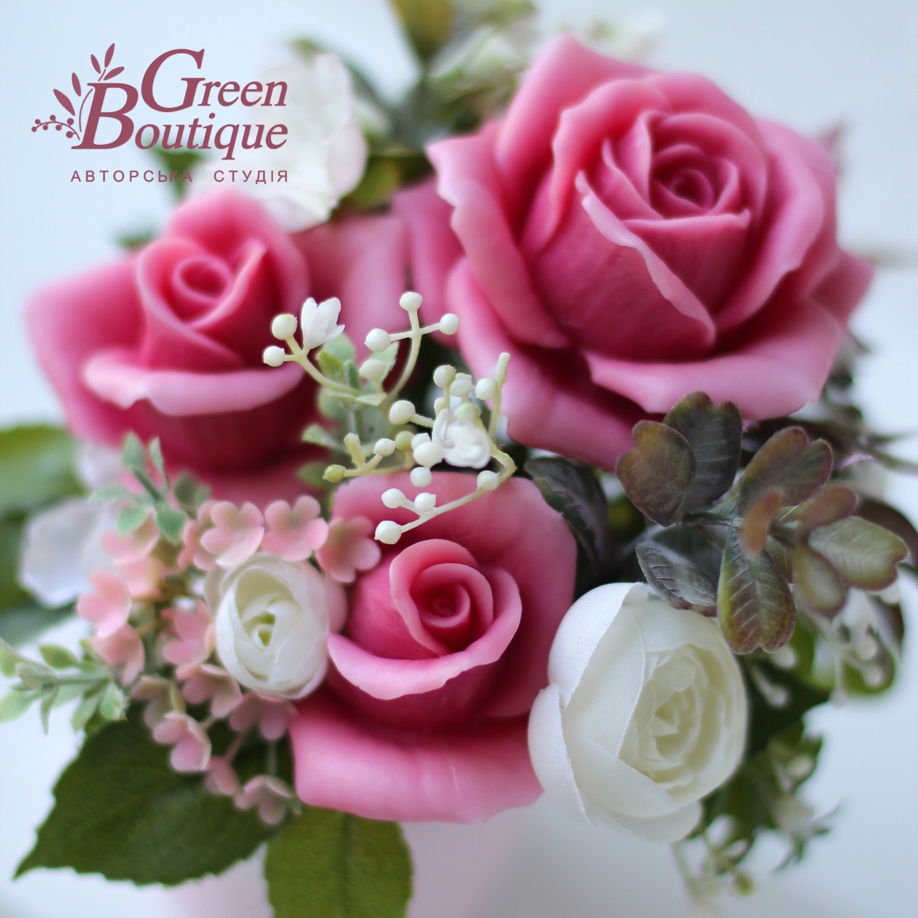 Interior bouquet of soap crimson-pink roses