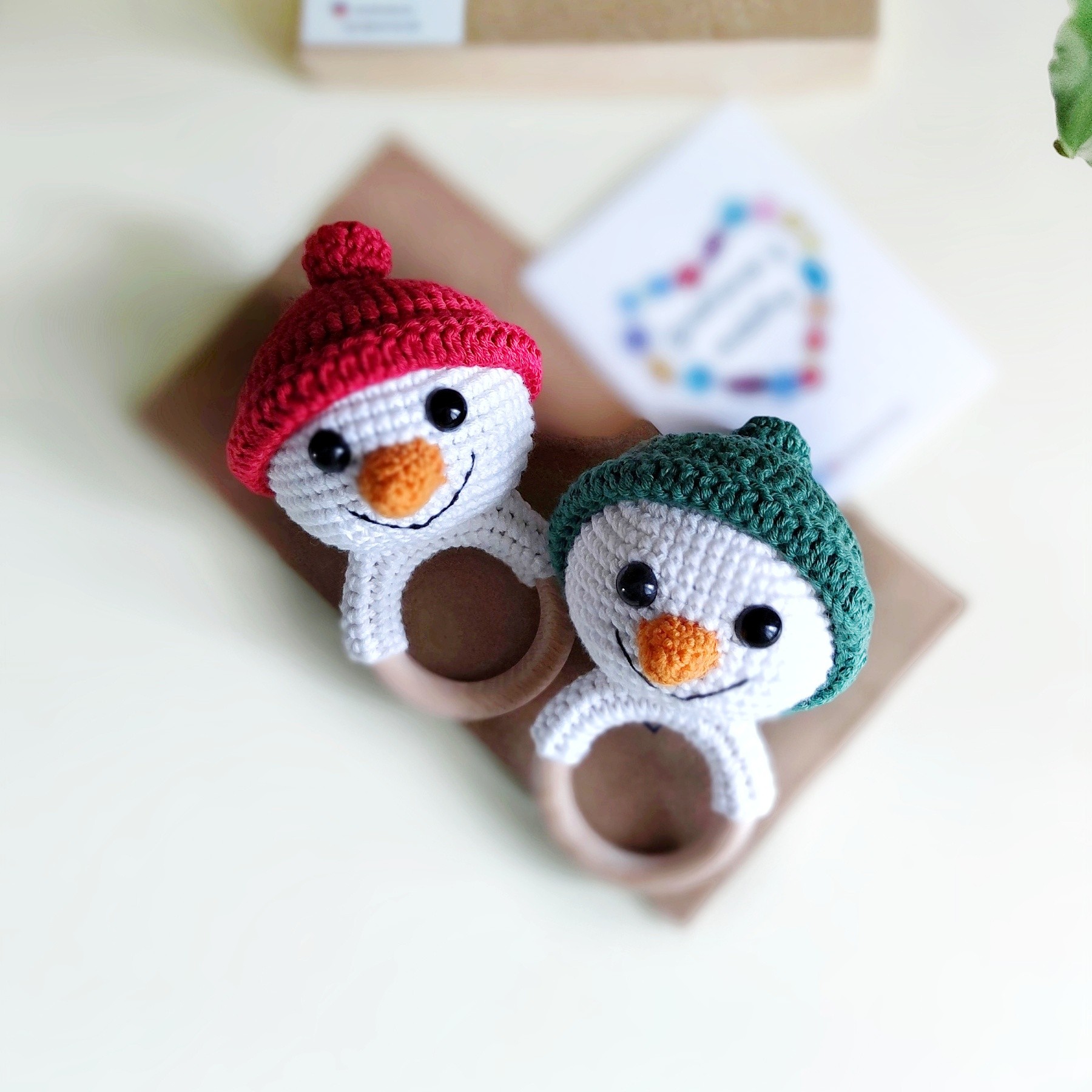 Twins baby gift. Gender neutral Christmas newborn gift. Snowman rattle toy
