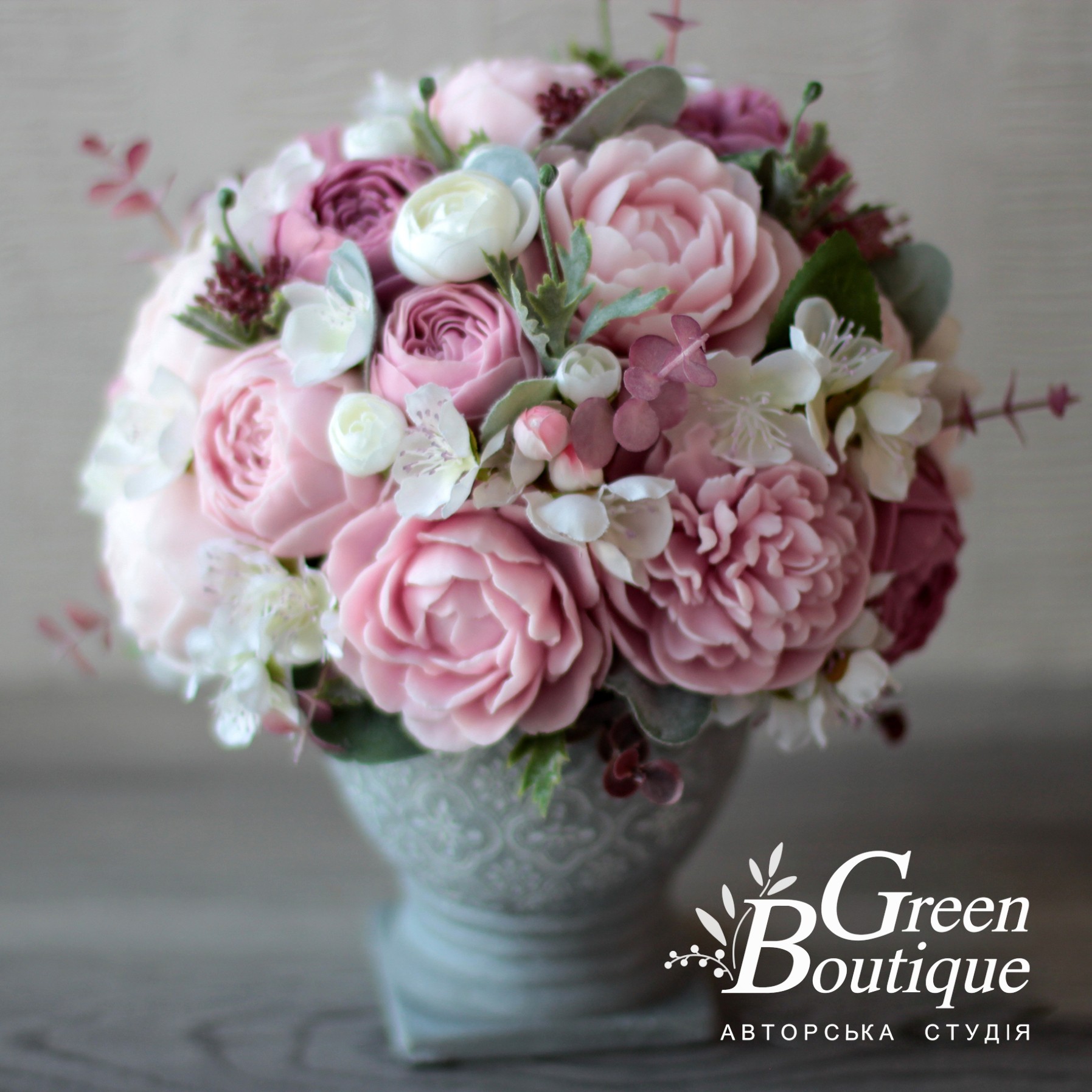 Luxurious interior bouquet of soap Roses and Peonies in a ceramic vase