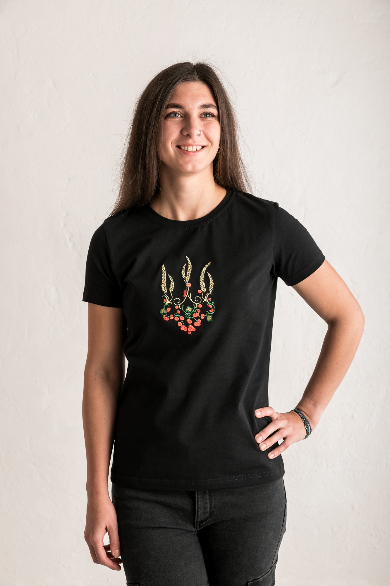 Women's t-shirt with embroidery "Ukrainian tryzub red Kalina" black