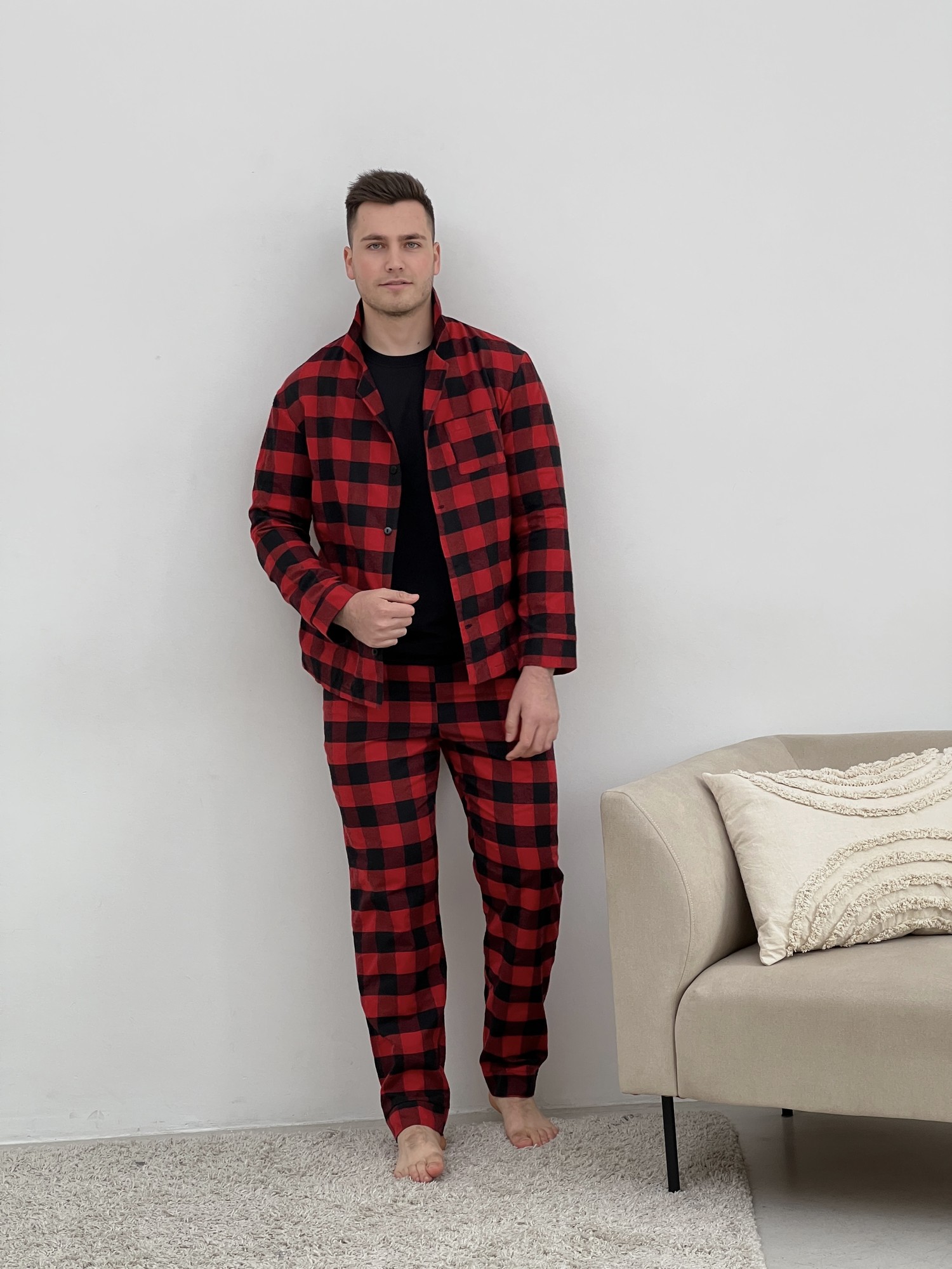 Men's cozy flannel pajamas (pants+t-shirt+shirt) checkered red/black  f701p+f02 - 22903 from Cosy with donate to u24