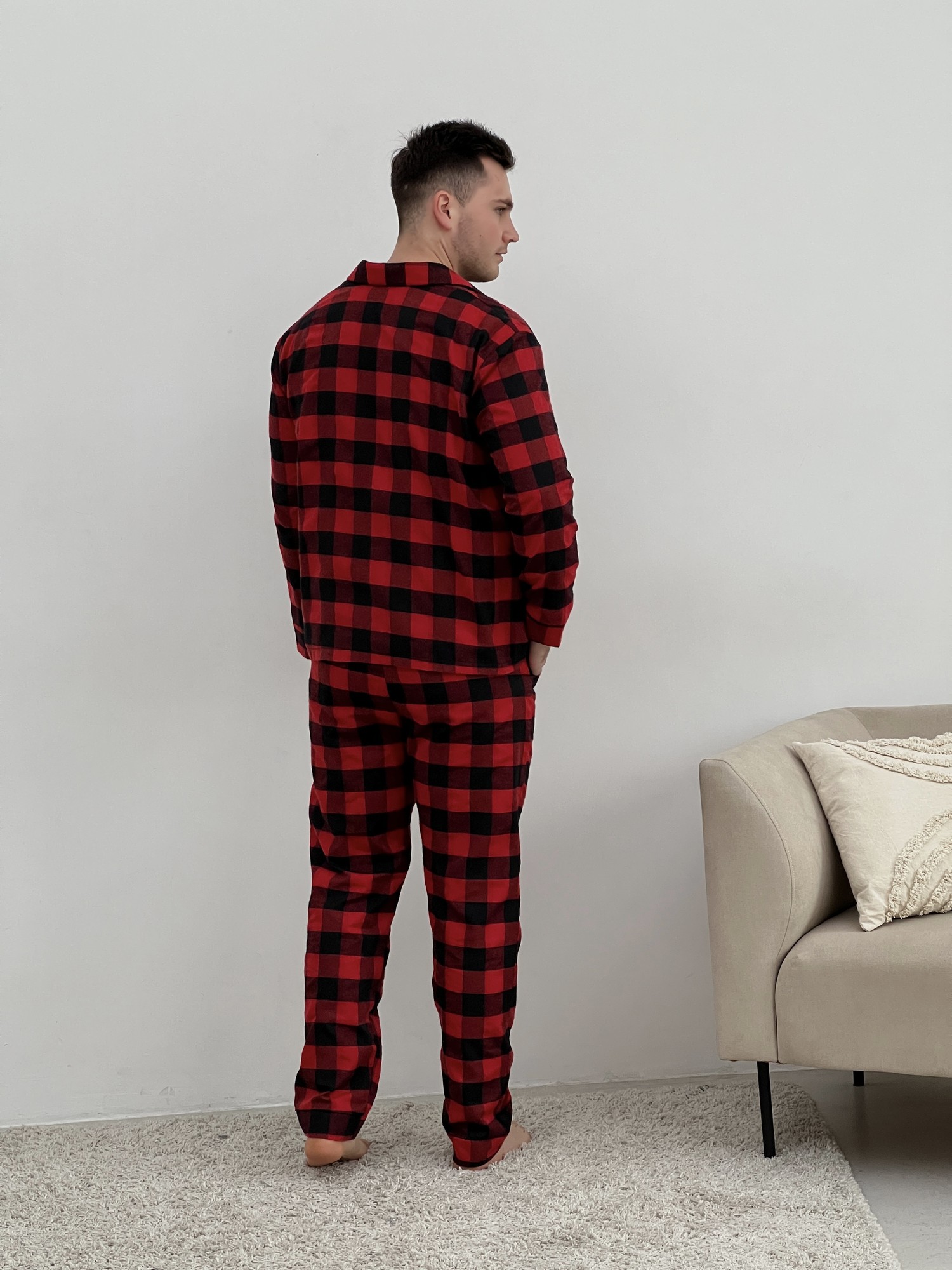 Men's cozy flannel pajamas (pants+t-shirt+shirt) checkered red