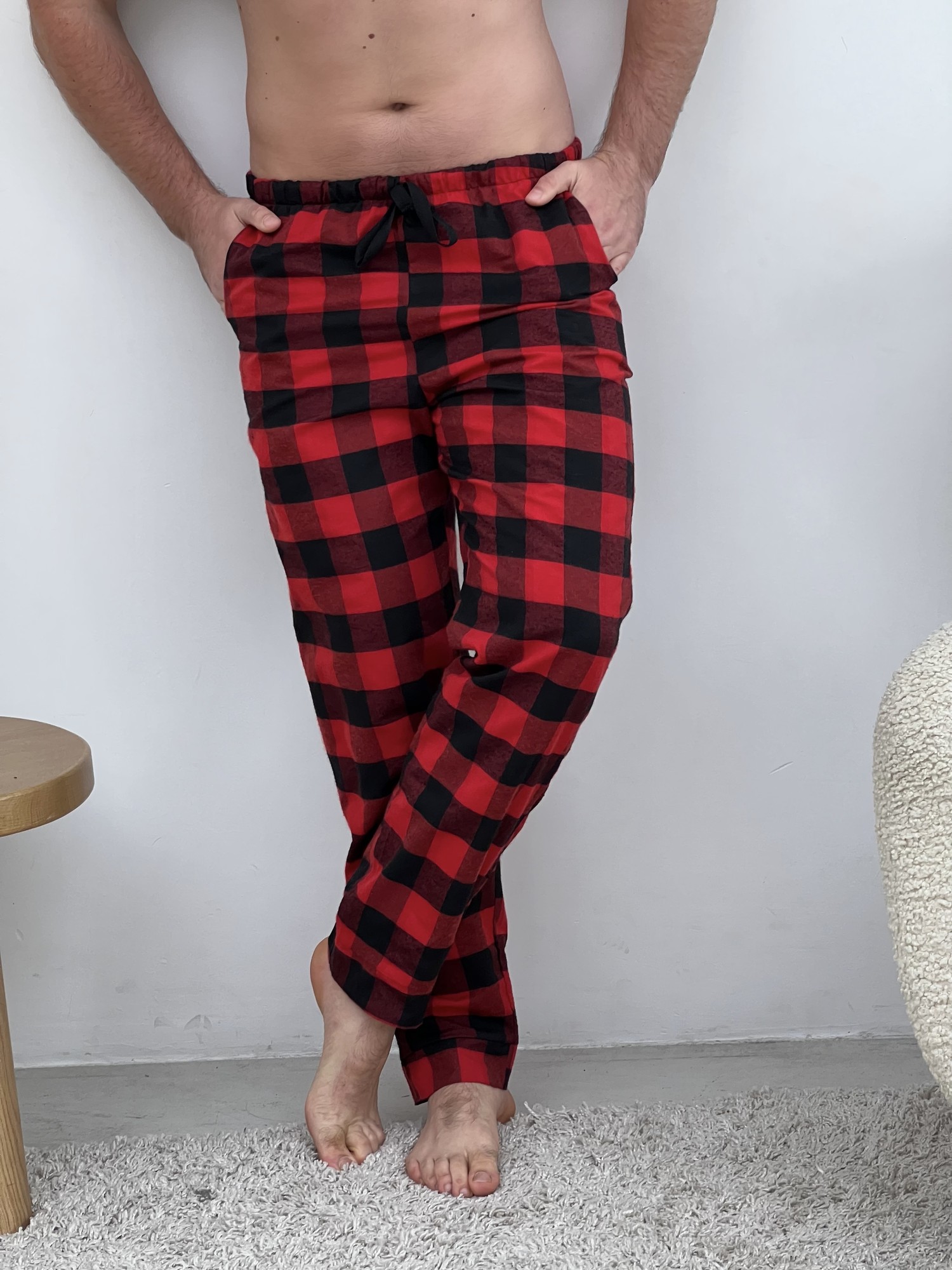 Men's cozy flannel pajamas (pants+t-shirt+shirt) checkered red