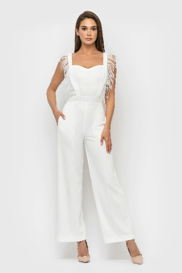 Jumpsuit White with decorative feathers