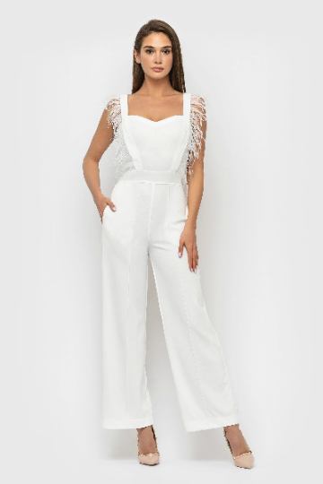 Jumpsuit white with decorative feathers - 23079 from Morandi with ...