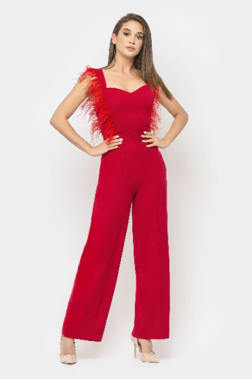 Jumpsuit Red with decorative feathers