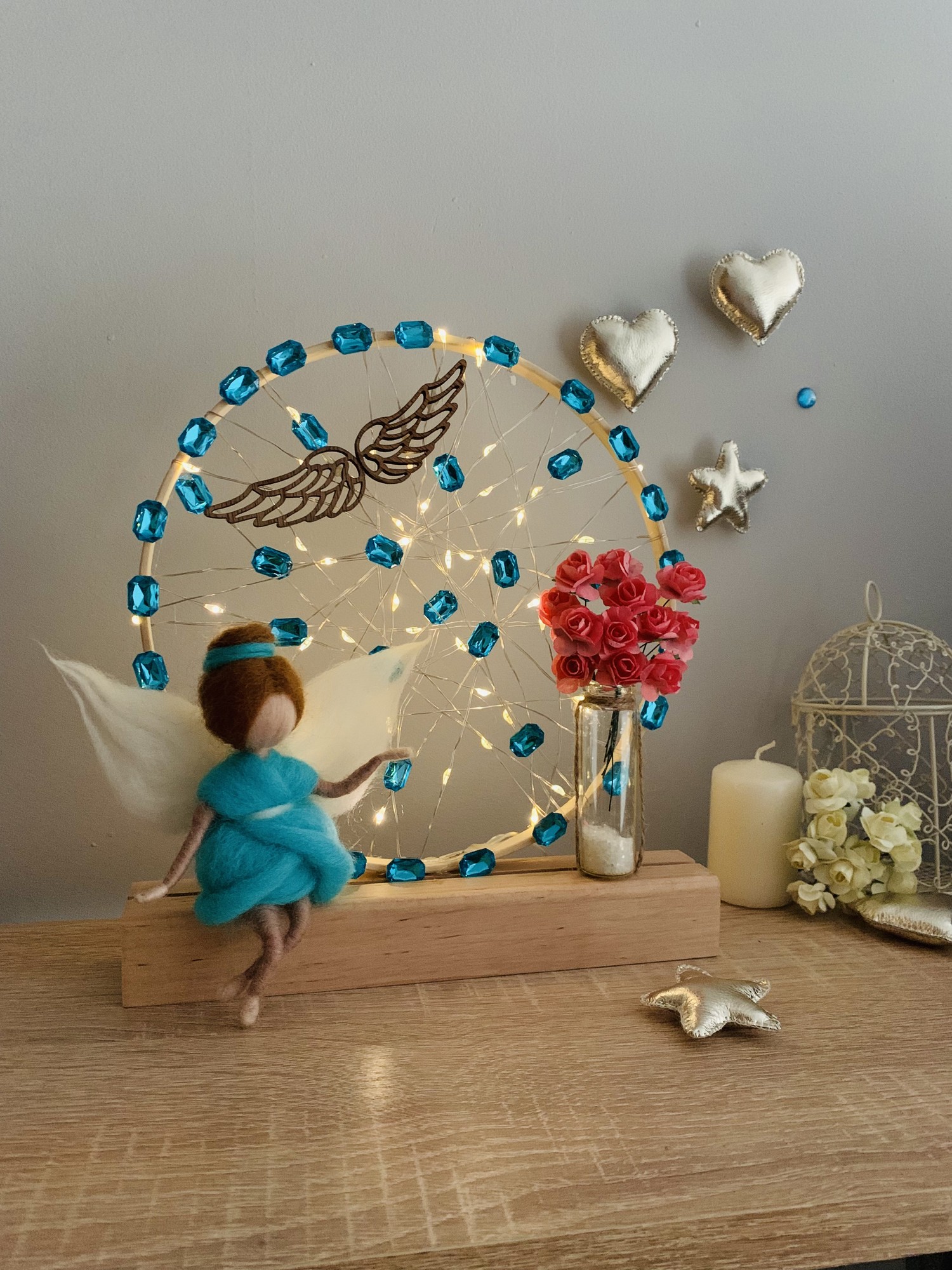 LAMP WITH BLUE ANGEL AND PINK FLOWERS, ROOM DECORATION, HOUSE LIGHTING