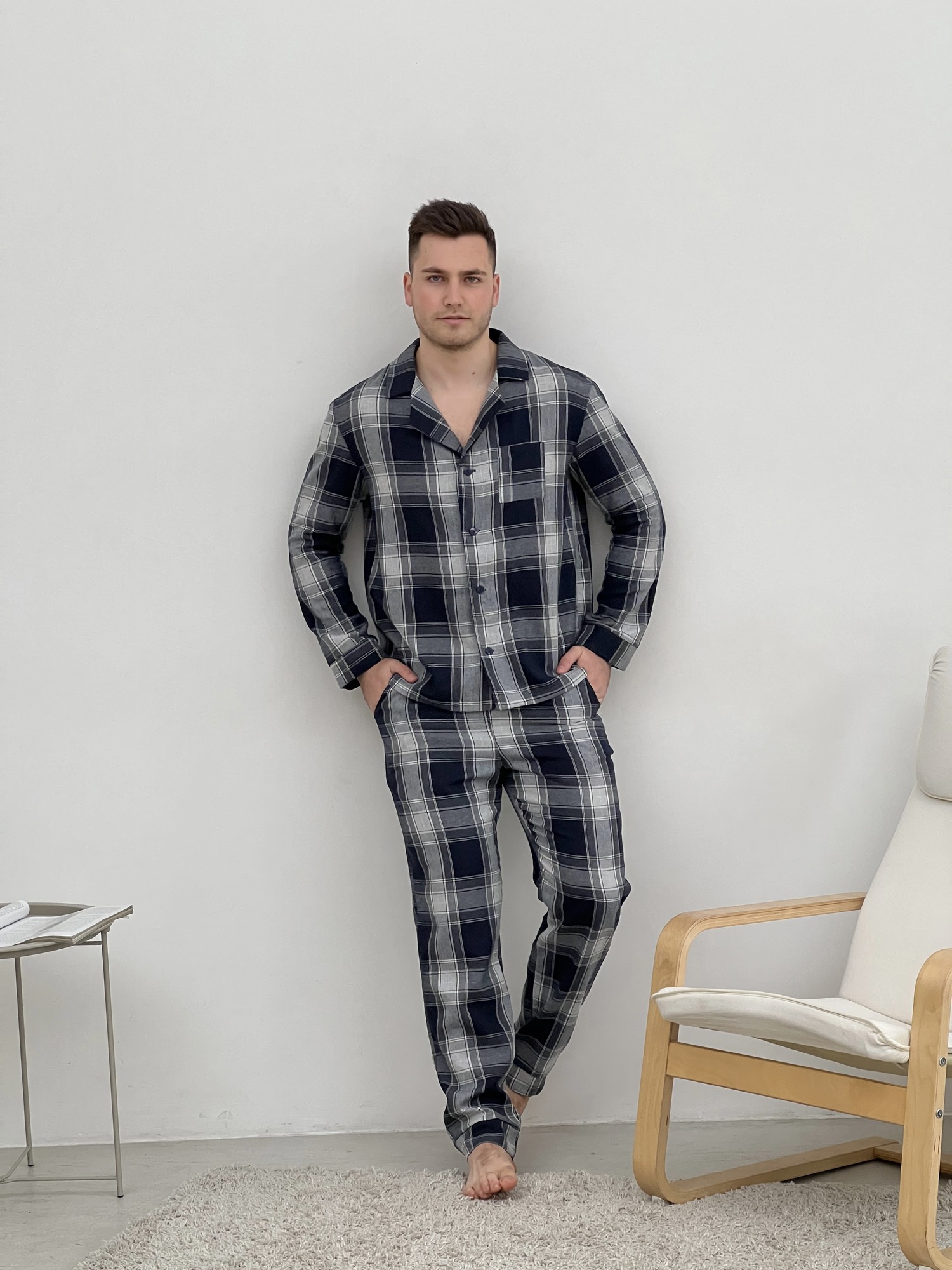 Pajamas for a man COZY with flannel (pants+shirt) crepe dark blue/sira F601P