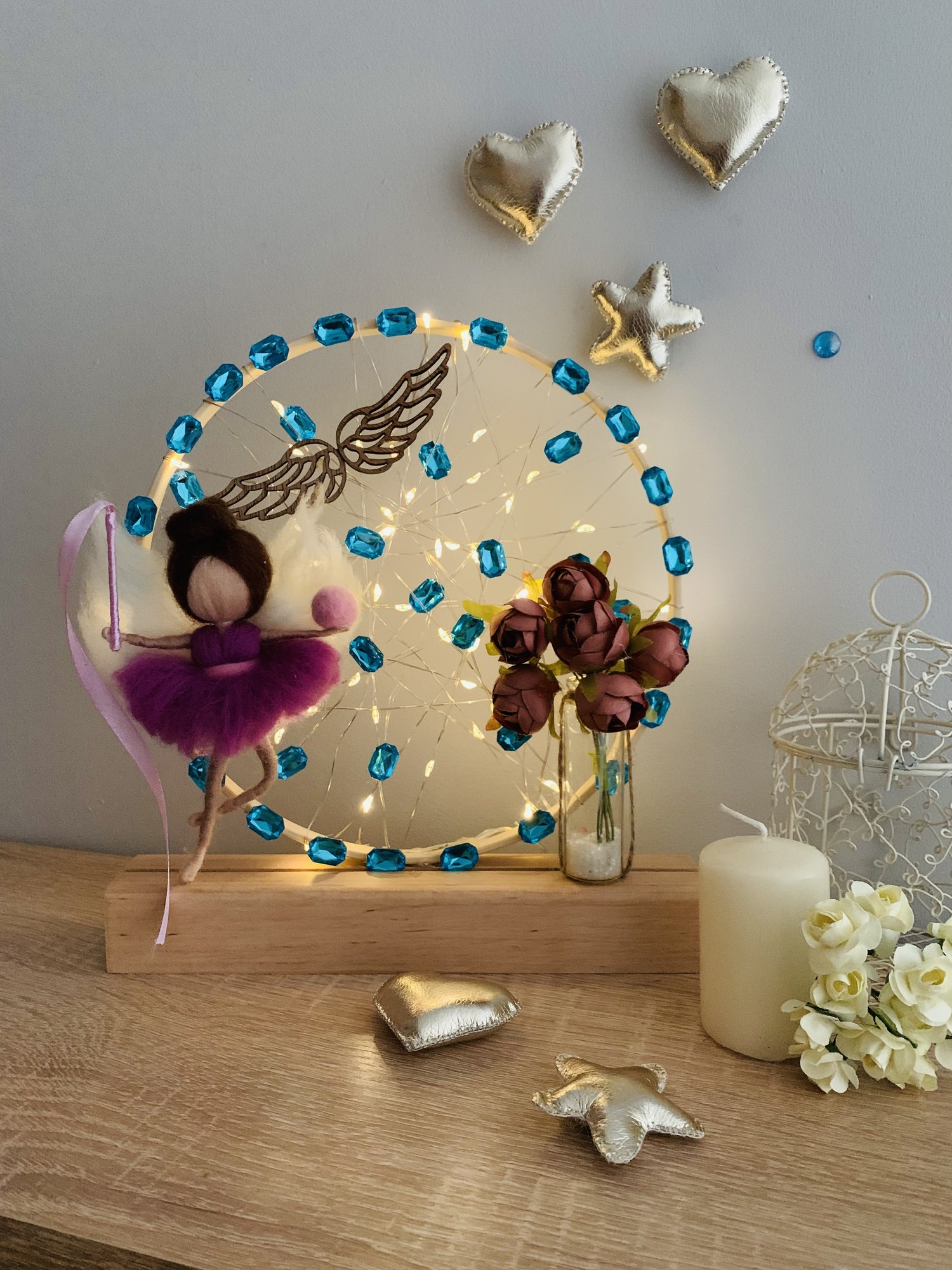 Night light with an original lilac angel and beige flowers, night light for the room, home decor decoration