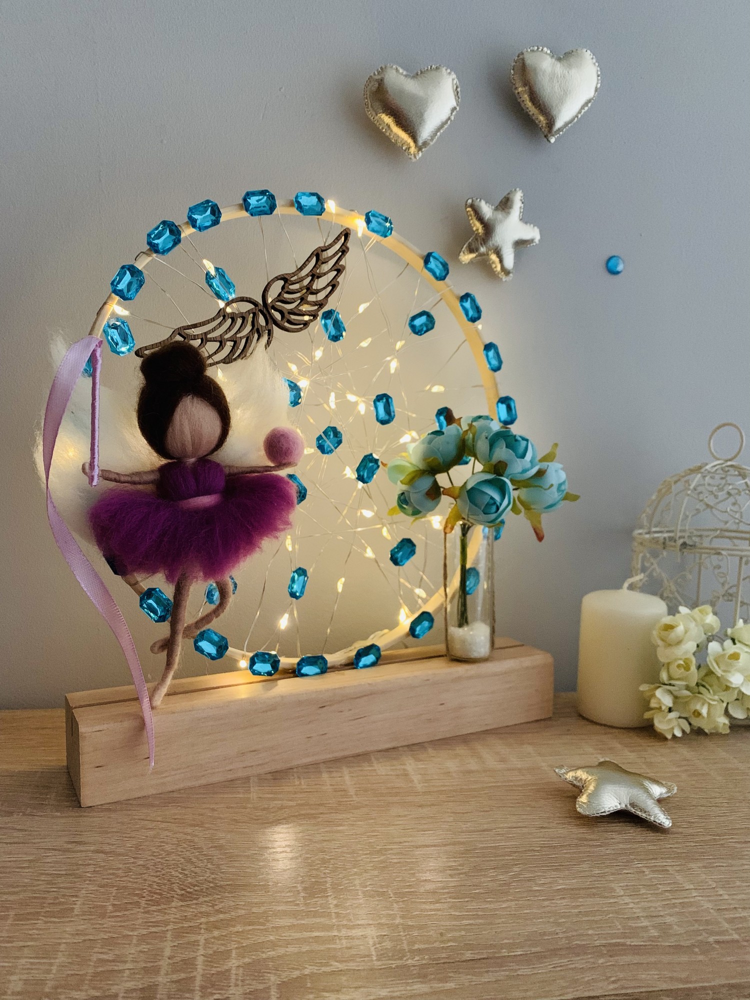 A lamp with a lilac angel and blue flowers, room decoration, home lighting