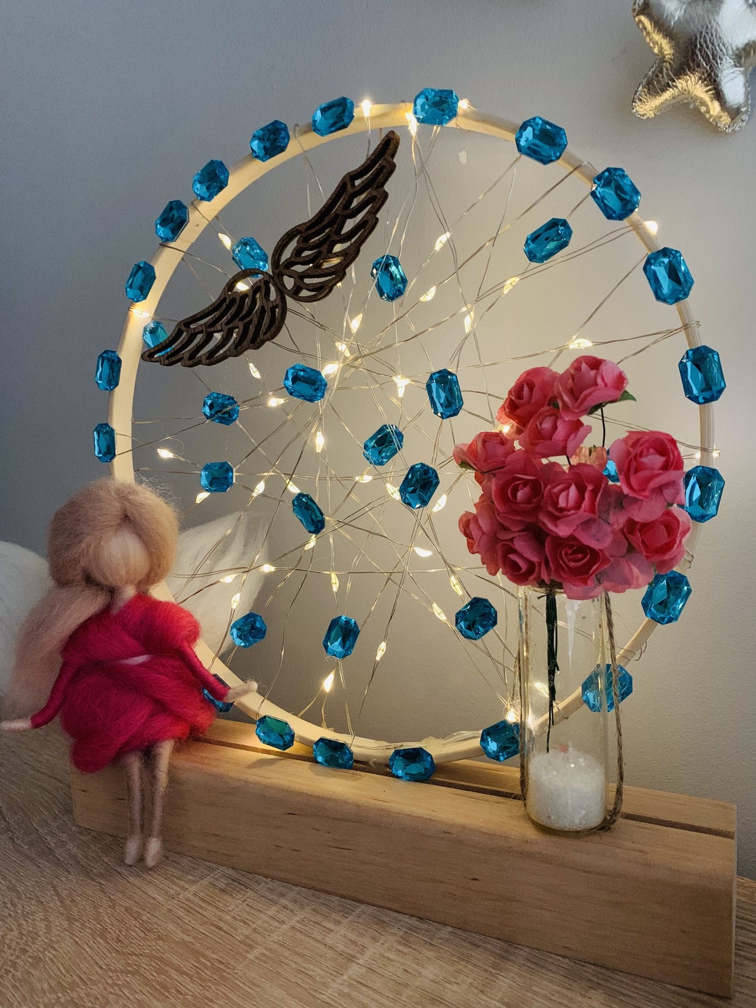 A lamp with a pink angel and pink flowers, room decoration, home lighting