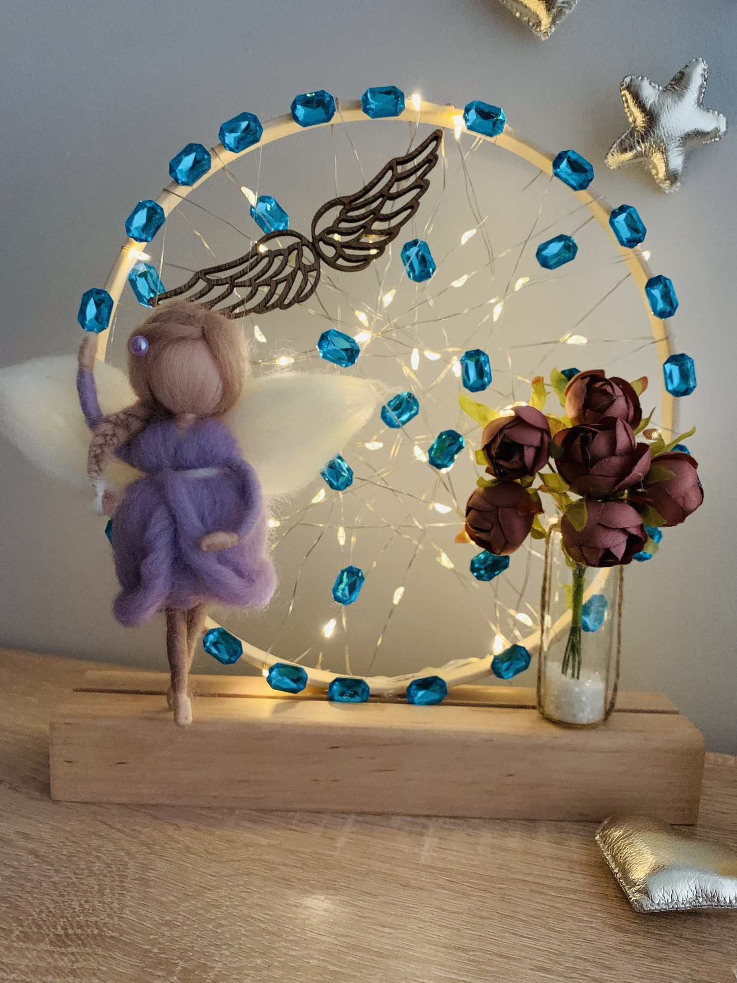 Night light with an original purple angel and beige flowers, night light for the room, home decor decoration
