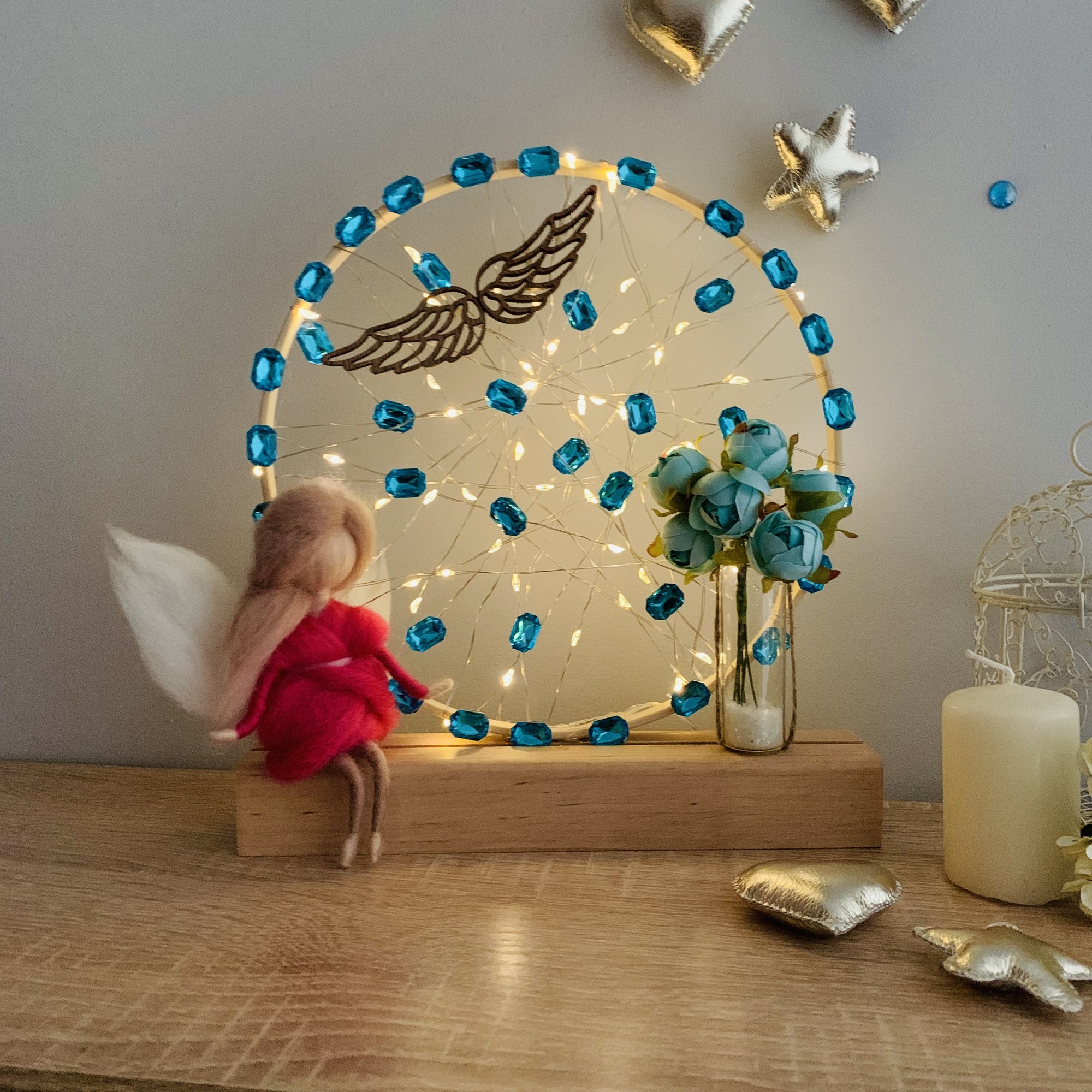 Night light with a pink angel and blue flowers, home decor, room lighting