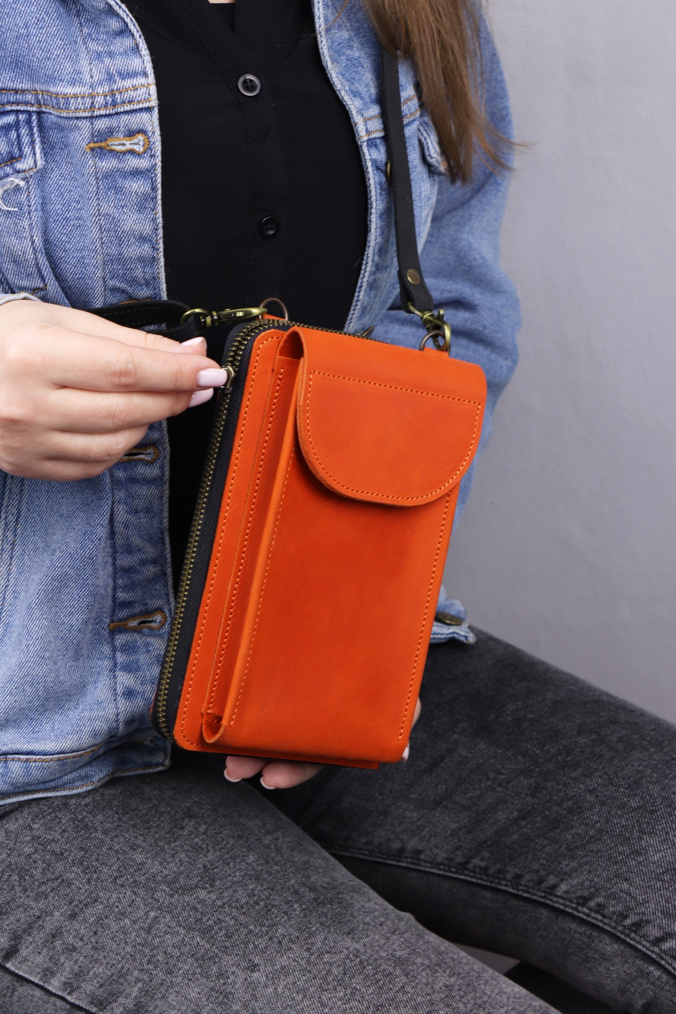 Women's leather zipper bag wallet  for iPhone on a shoulder strap / Orange Black/ 1003