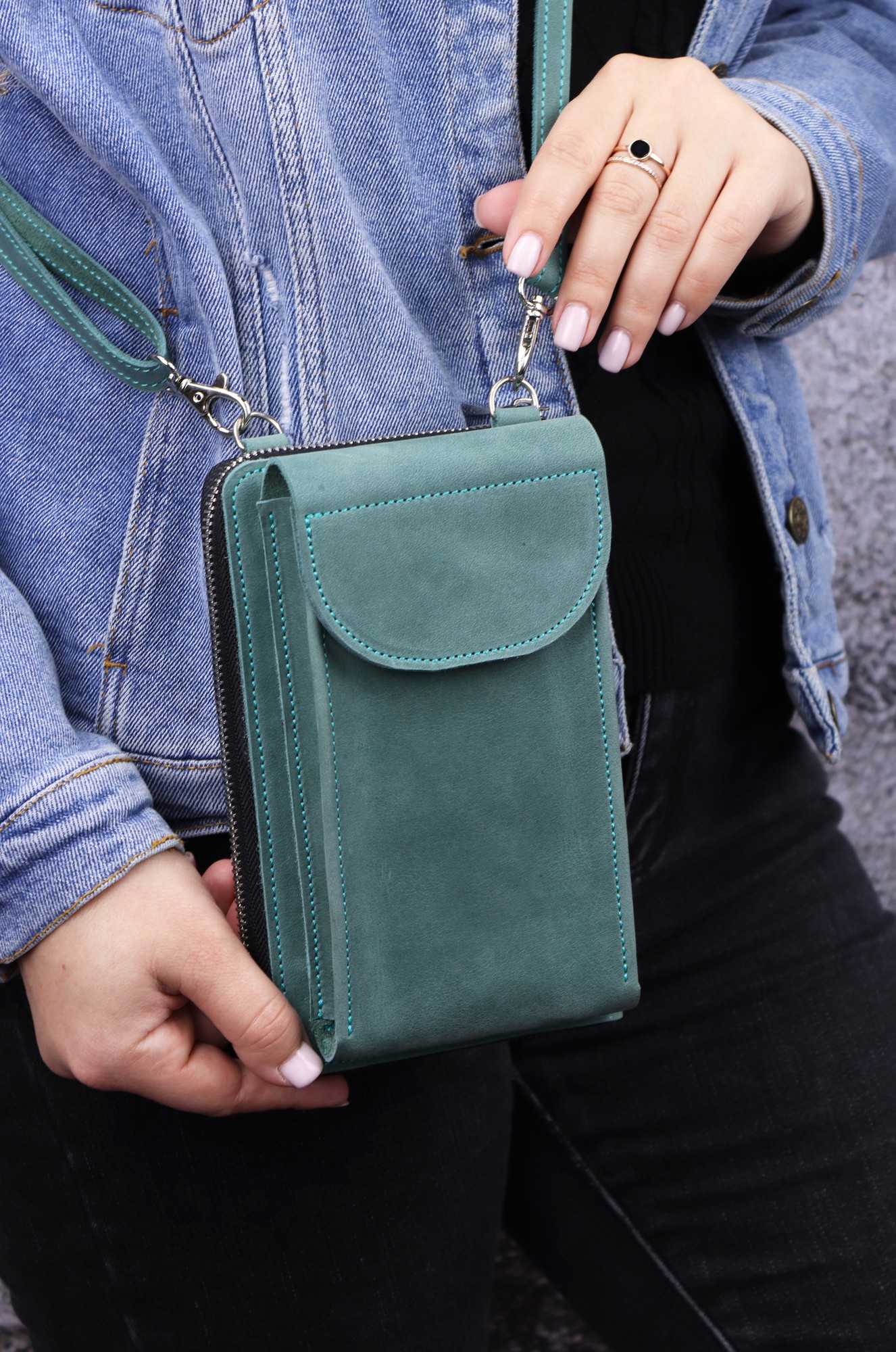 zip crossbody leather bag wallet for women/ Turquoise/ 1003