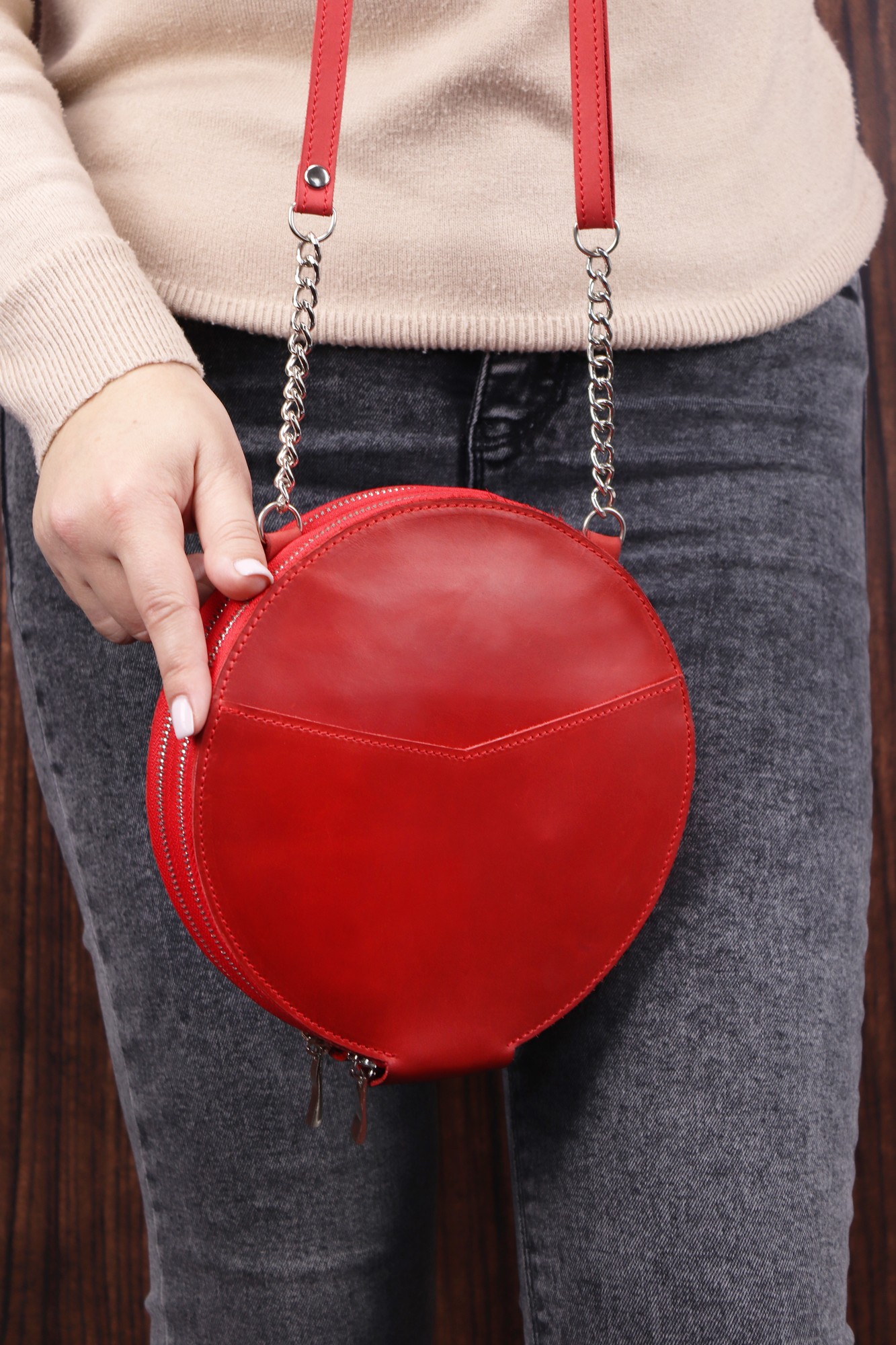 Women's Leather Shoulder Zip Round Double Wallet Bag/ Red/ 1006