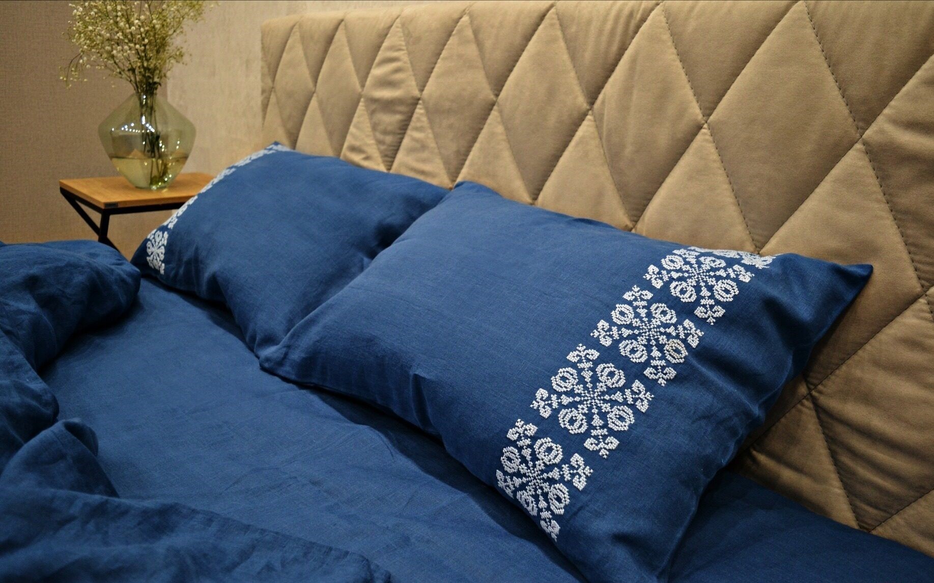 Navy Blue Linen Pillow Case With Handmade Embroidery