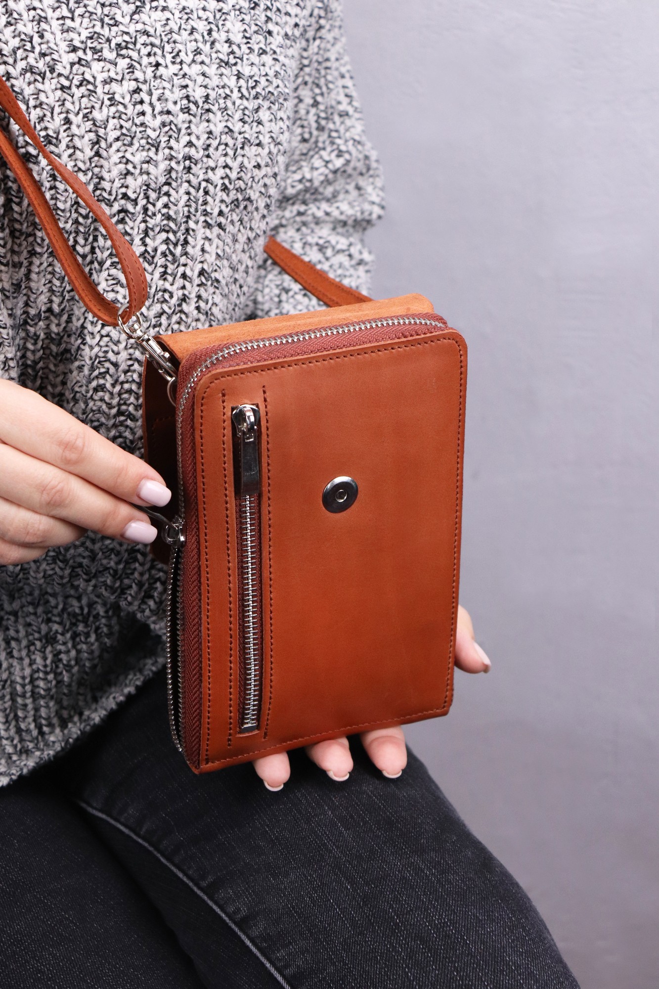 Leather Crossbody Bag Wallet for iPhone 14/ Bag with Built in Wallet on Shoulder Strap for Women/ Brown - 1010. Made in Ukraine