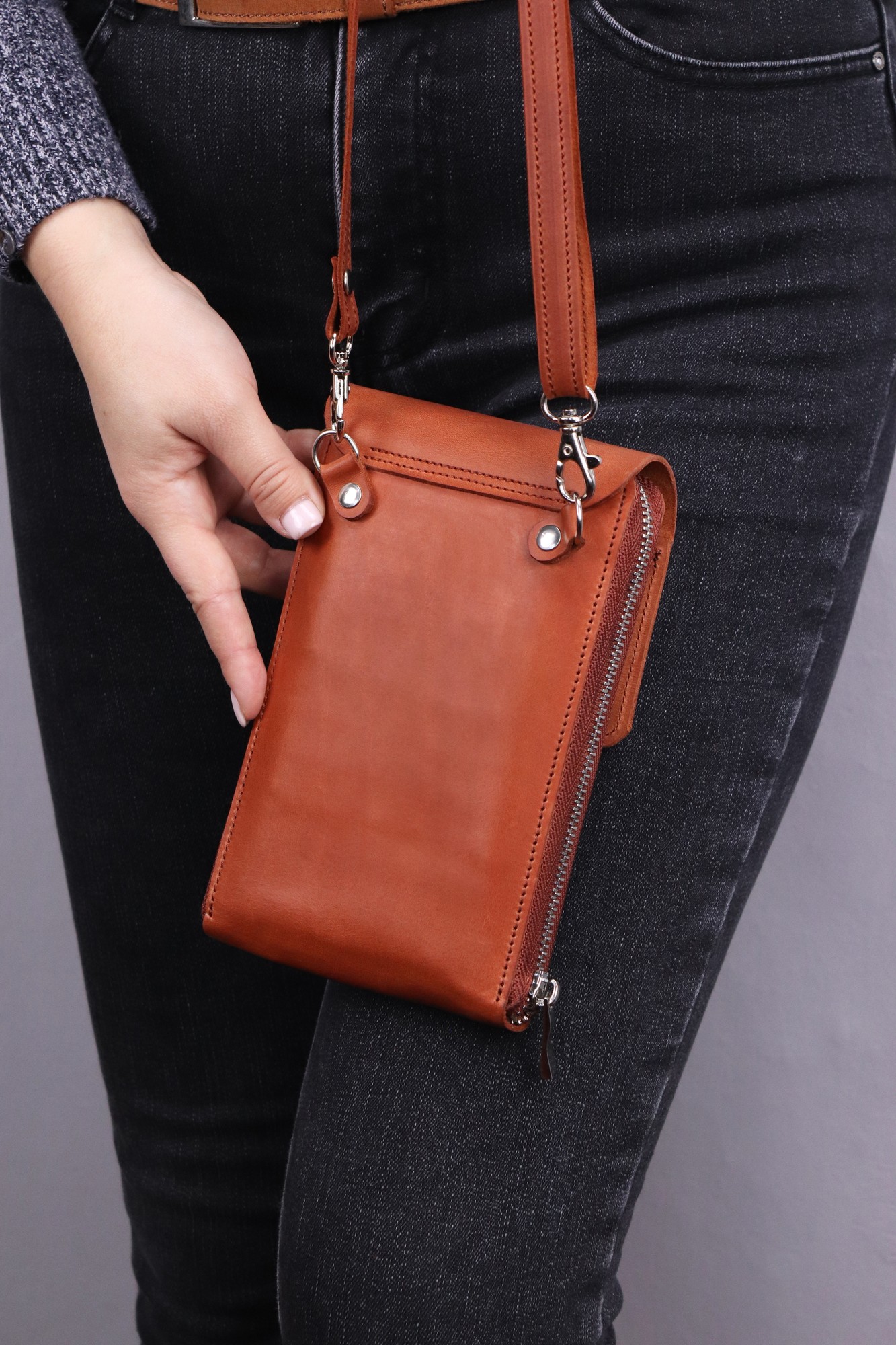 Women's Small Leather Zip Around Wallet with Wrist Strap/ Compact Mini Purse with Hand Strap/ Orange - 03008. Made in Ukraine