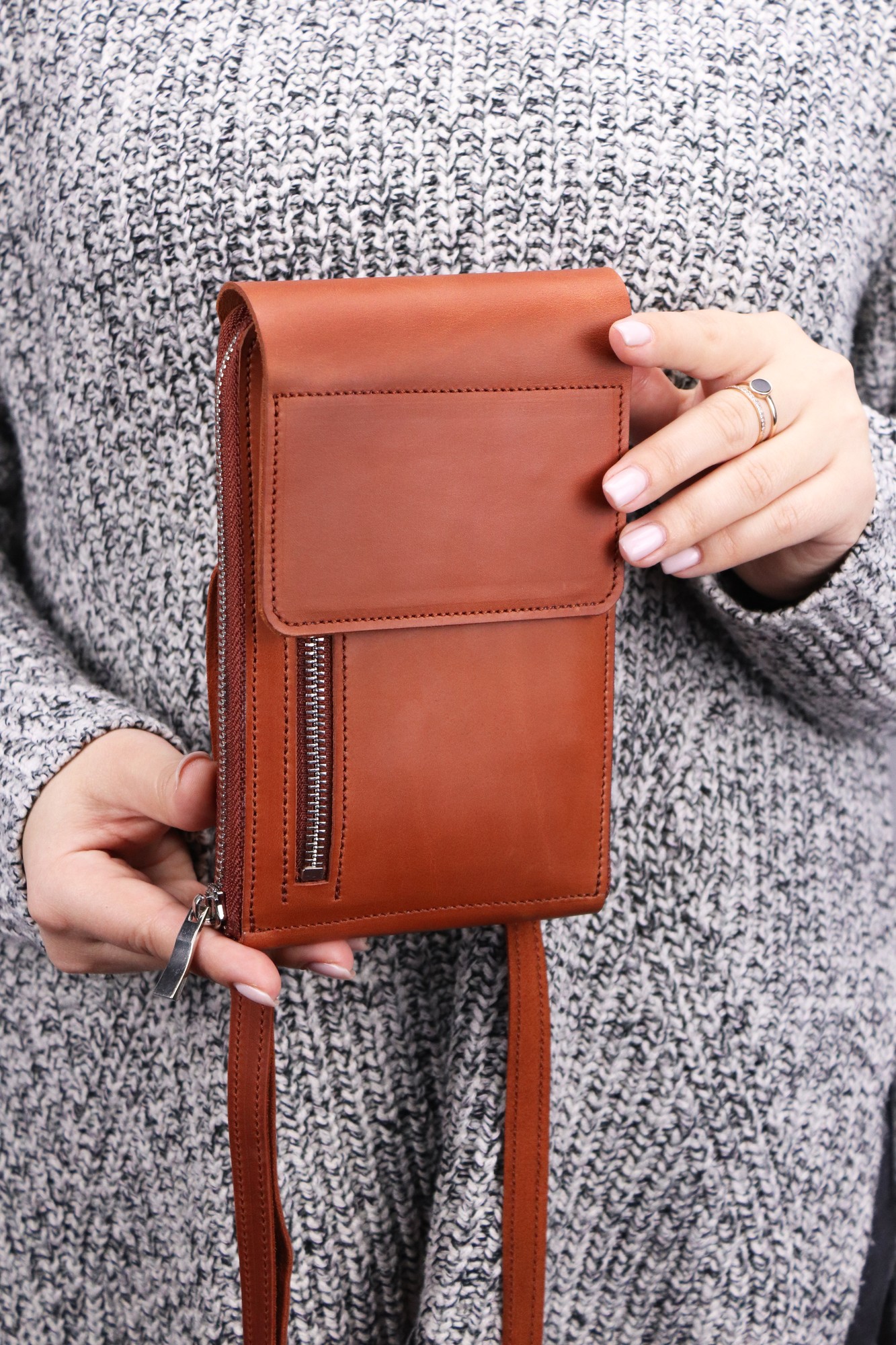 Small leather women's crossbody bag - wallet with zipper and phone compartment/ Brown - 1004