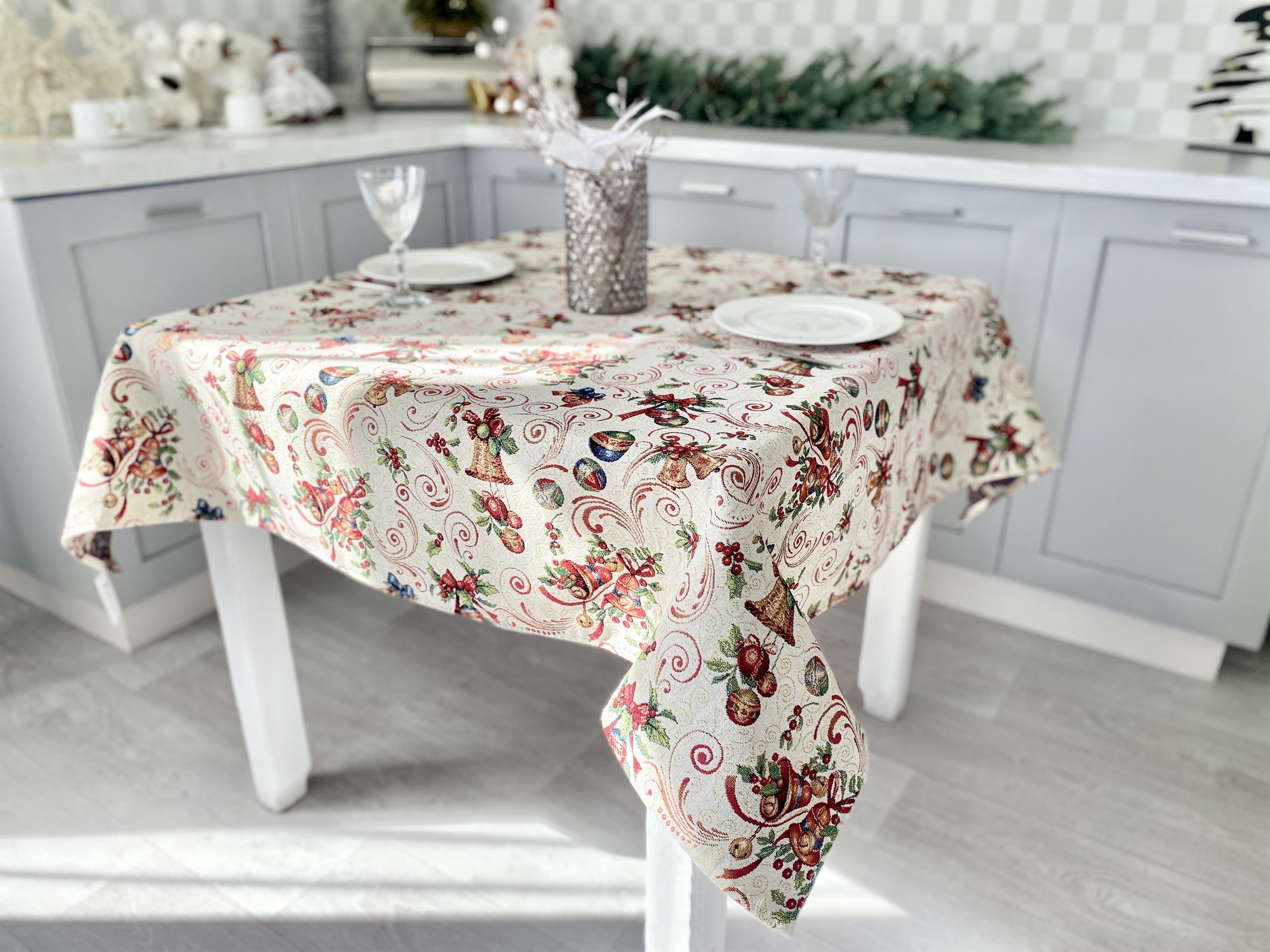 Christmas tapestry tablecloth  137 x 137 cm. festive tablecloth with gold lurex