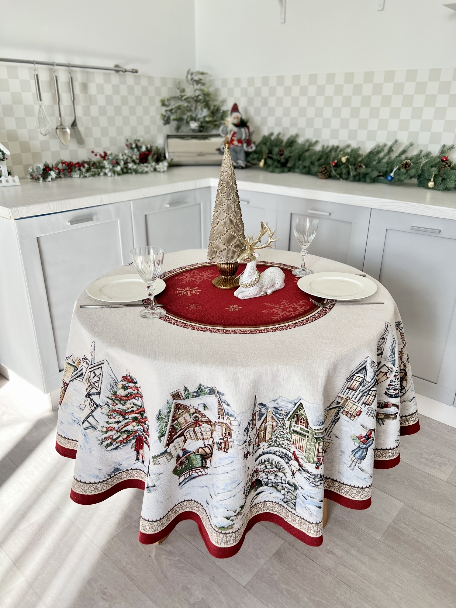 Christmas tapestry tablecloth for round table ø180 cm (71 in), round festive tablecloth - 23448 