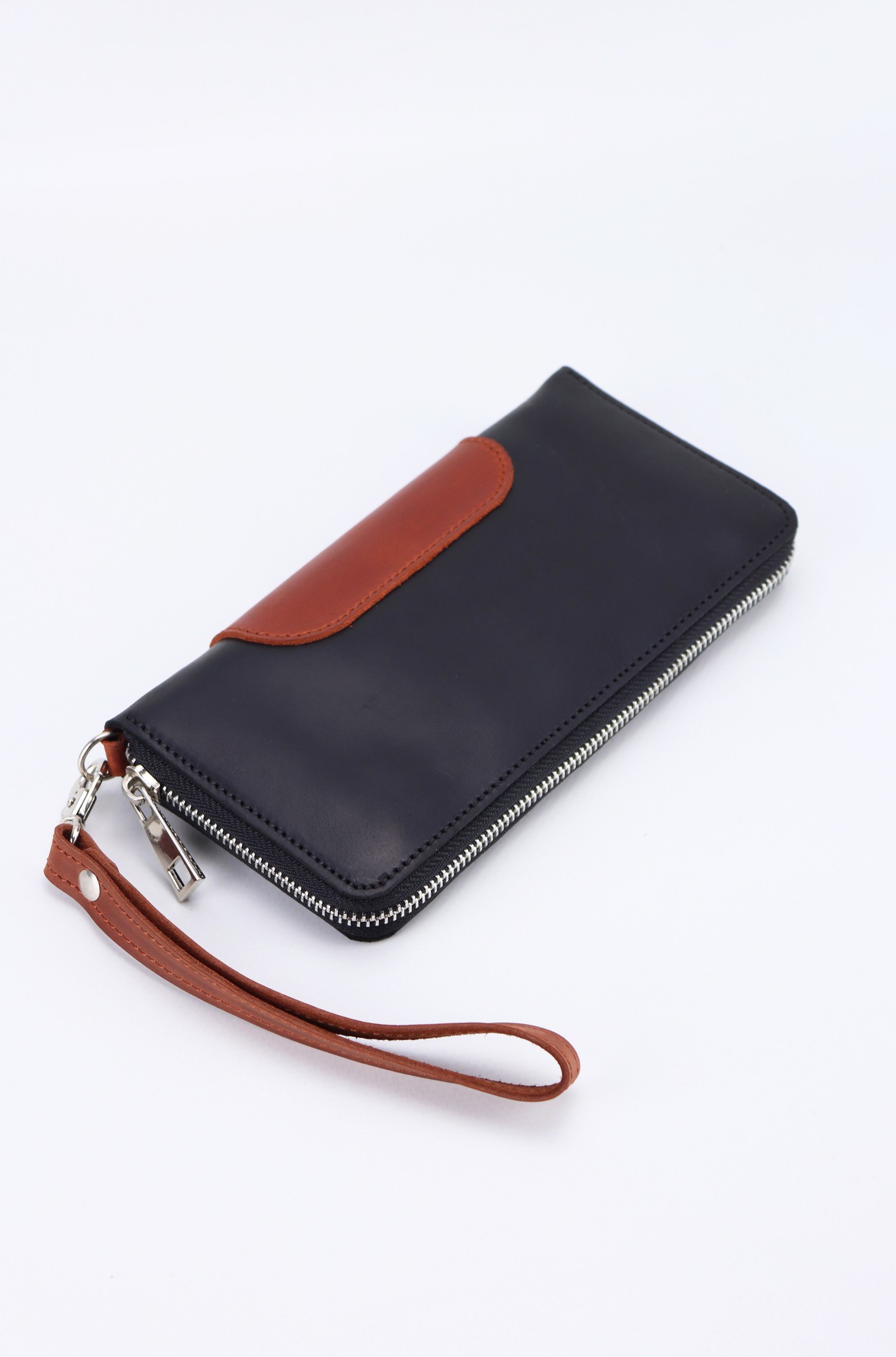 Leather men's wallet with zip around and wristlet / Black&Brown - 3006