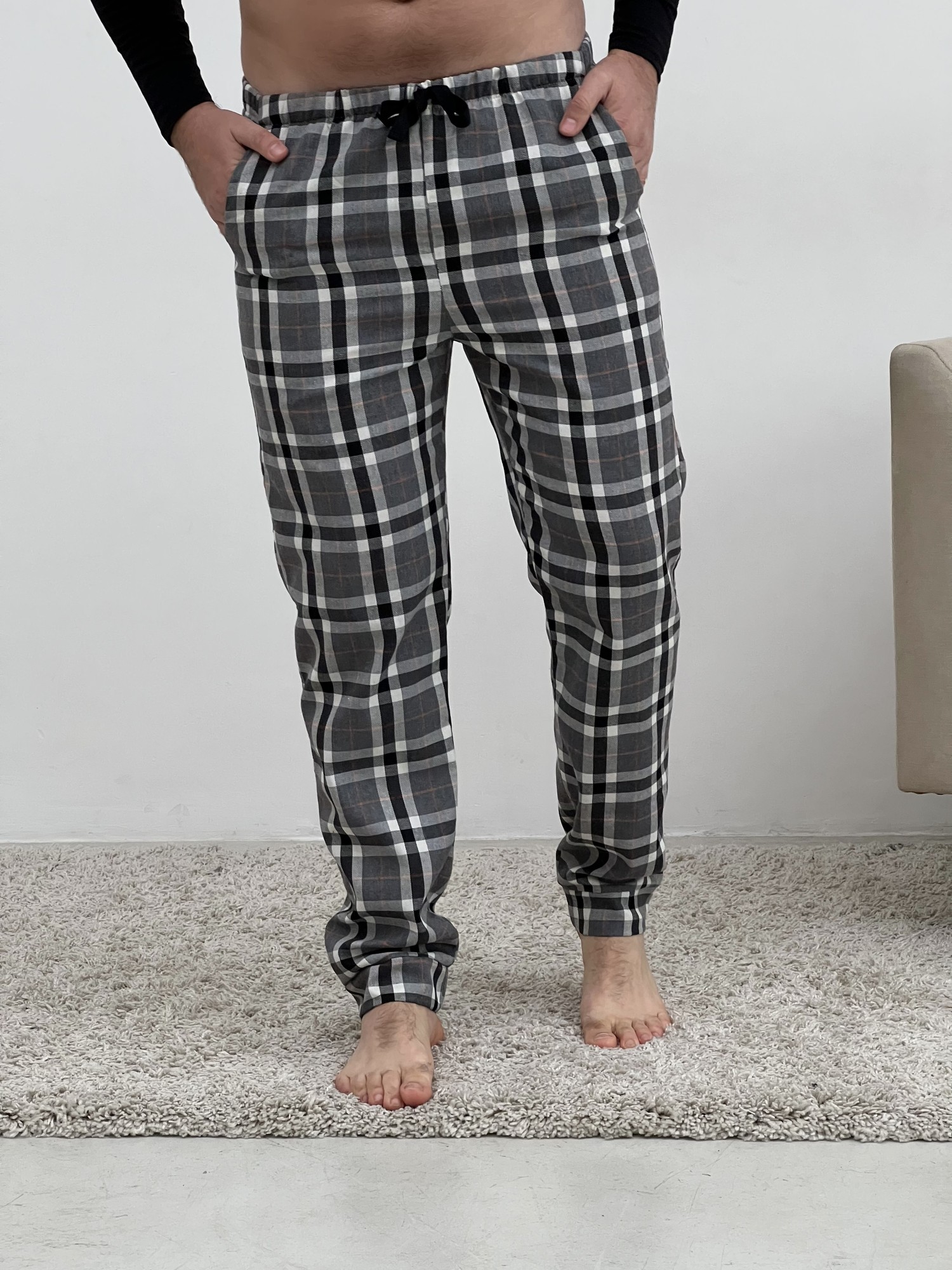 Men's pajama pants COZY home made of flannel in a check gray F900P