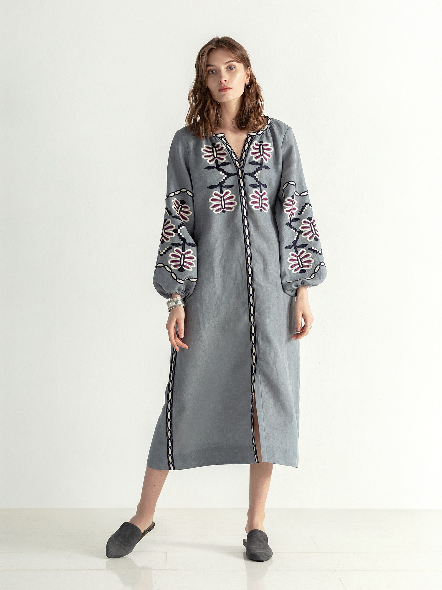 Linen midi embroidered dress Butterfly Dress