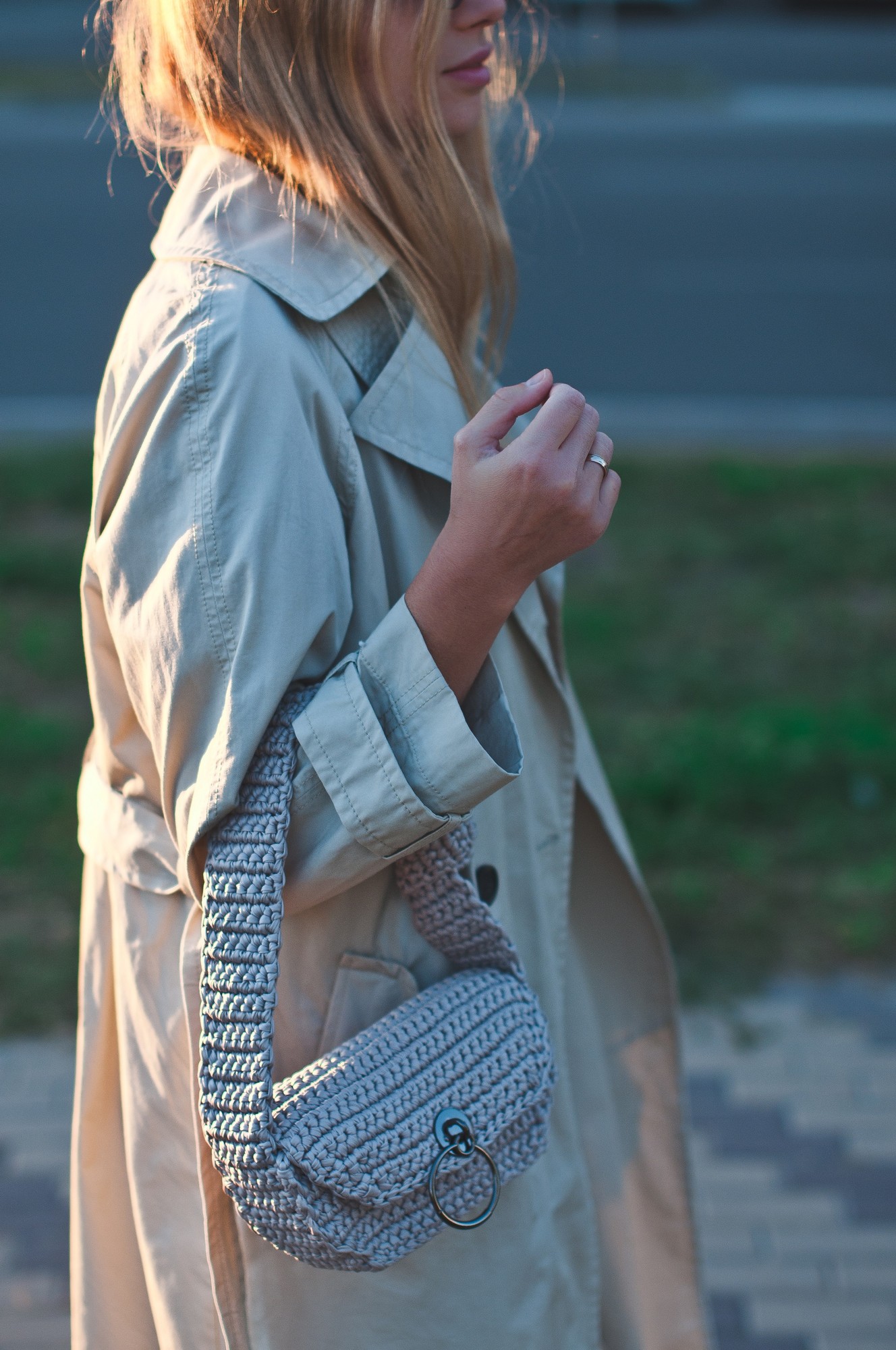 Crochet light gray handbag for women