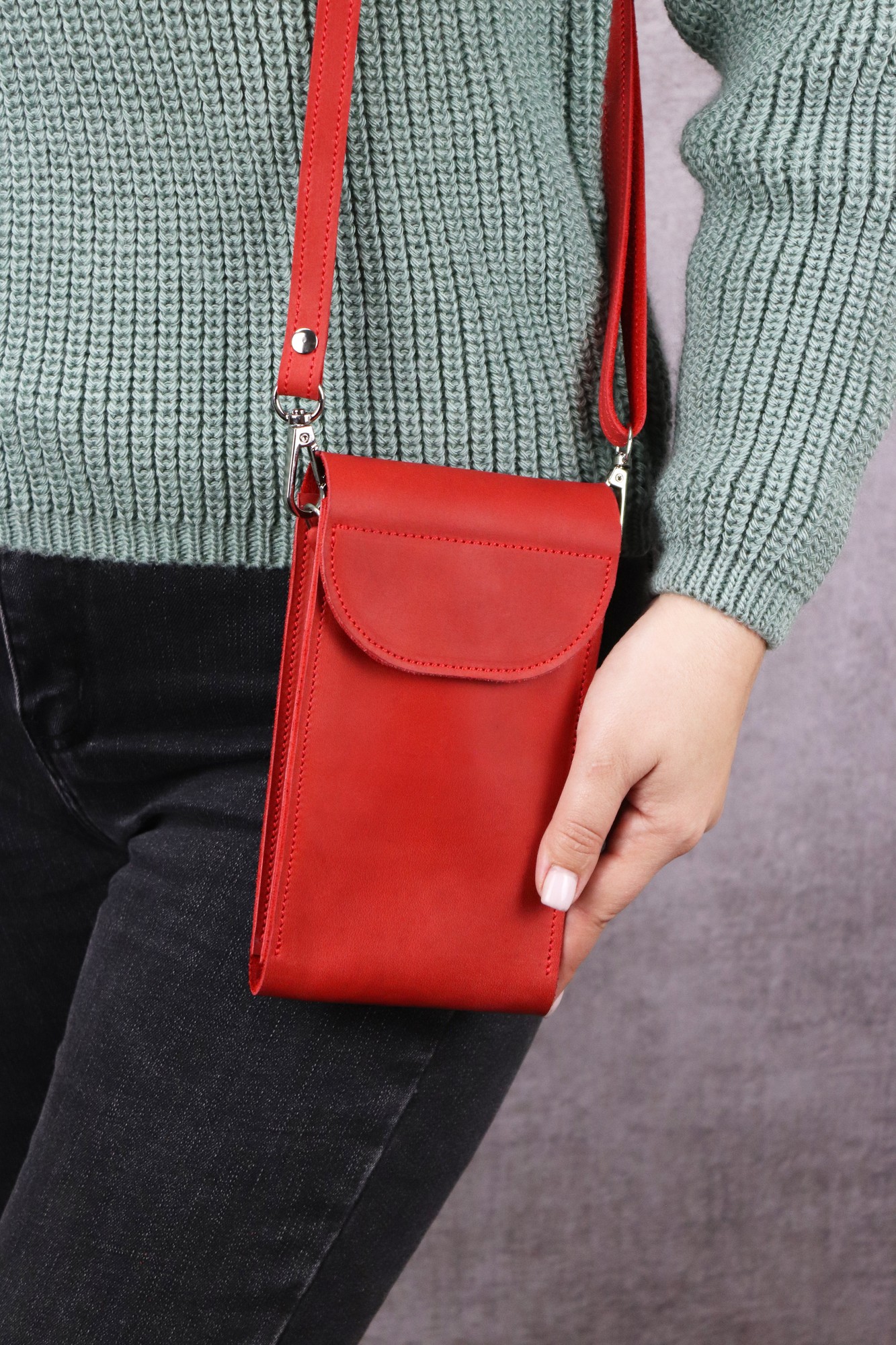 Womens mini leather crossbody bag wallet for smartphone/ Small red purse/ 1002