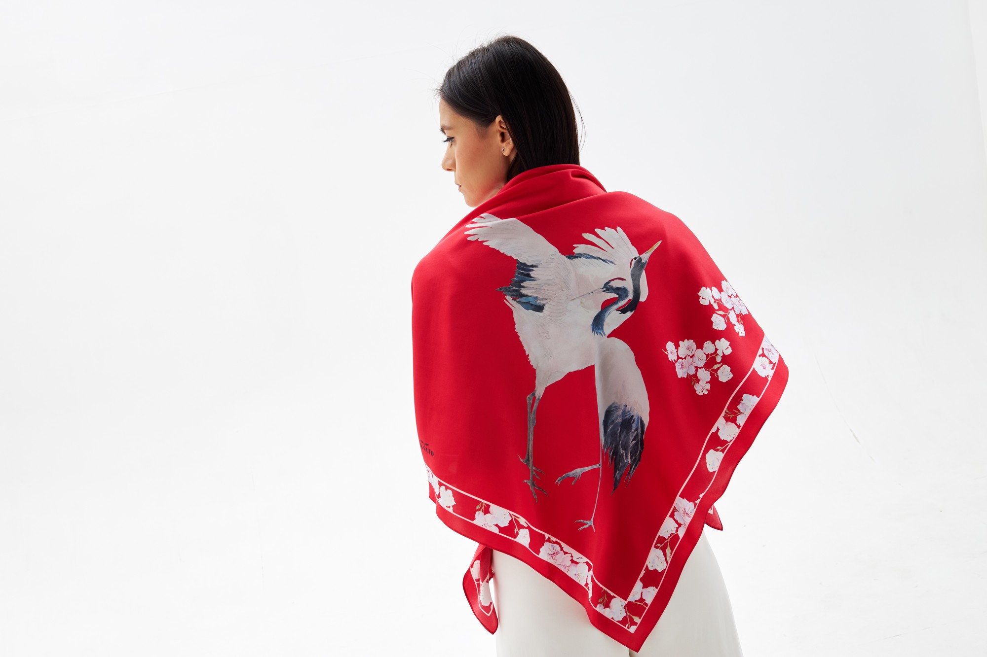 Designer Silk Scarf "Storks & Sakura"