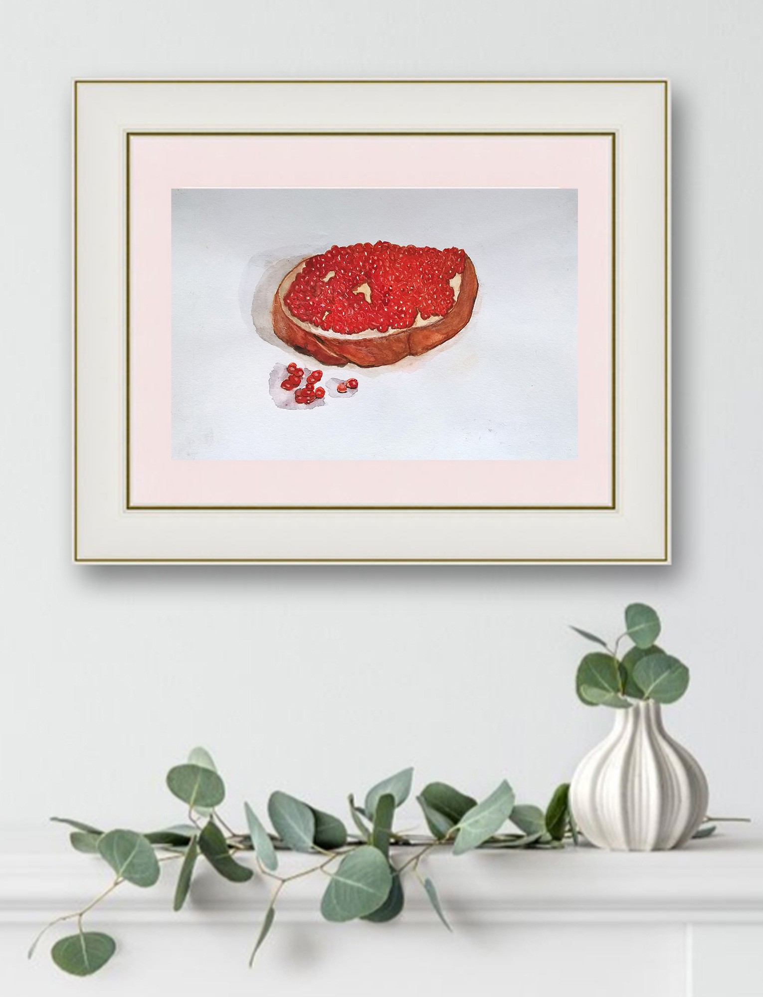 Still life in watercolor with a sandwich with red caviar