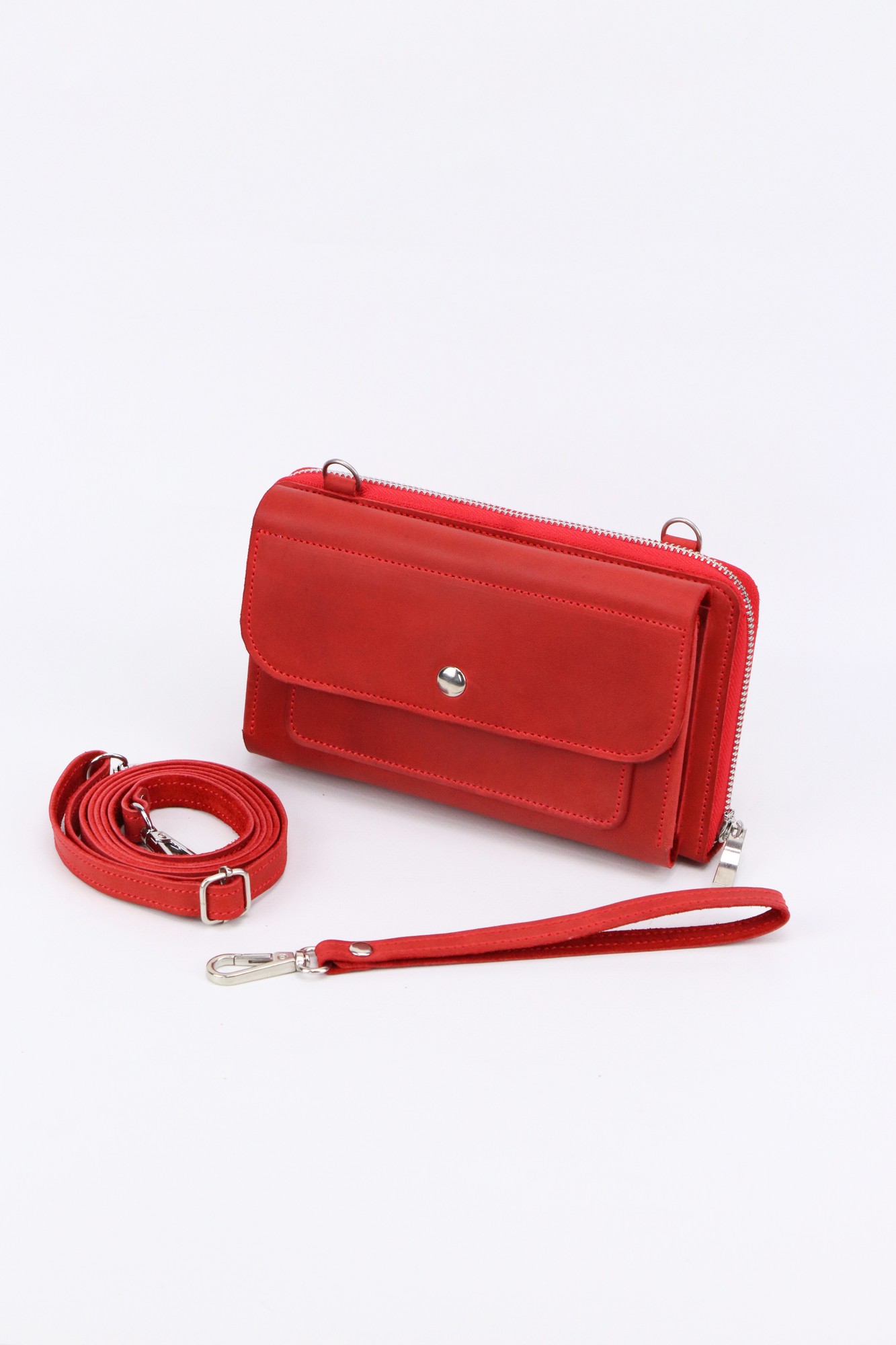 Leather Smartphone Crossbody Small Bag for Women/ Purse for iPhone 14 Pro with Wrist Strap/ Red/ 1011. Made in Ukraine
