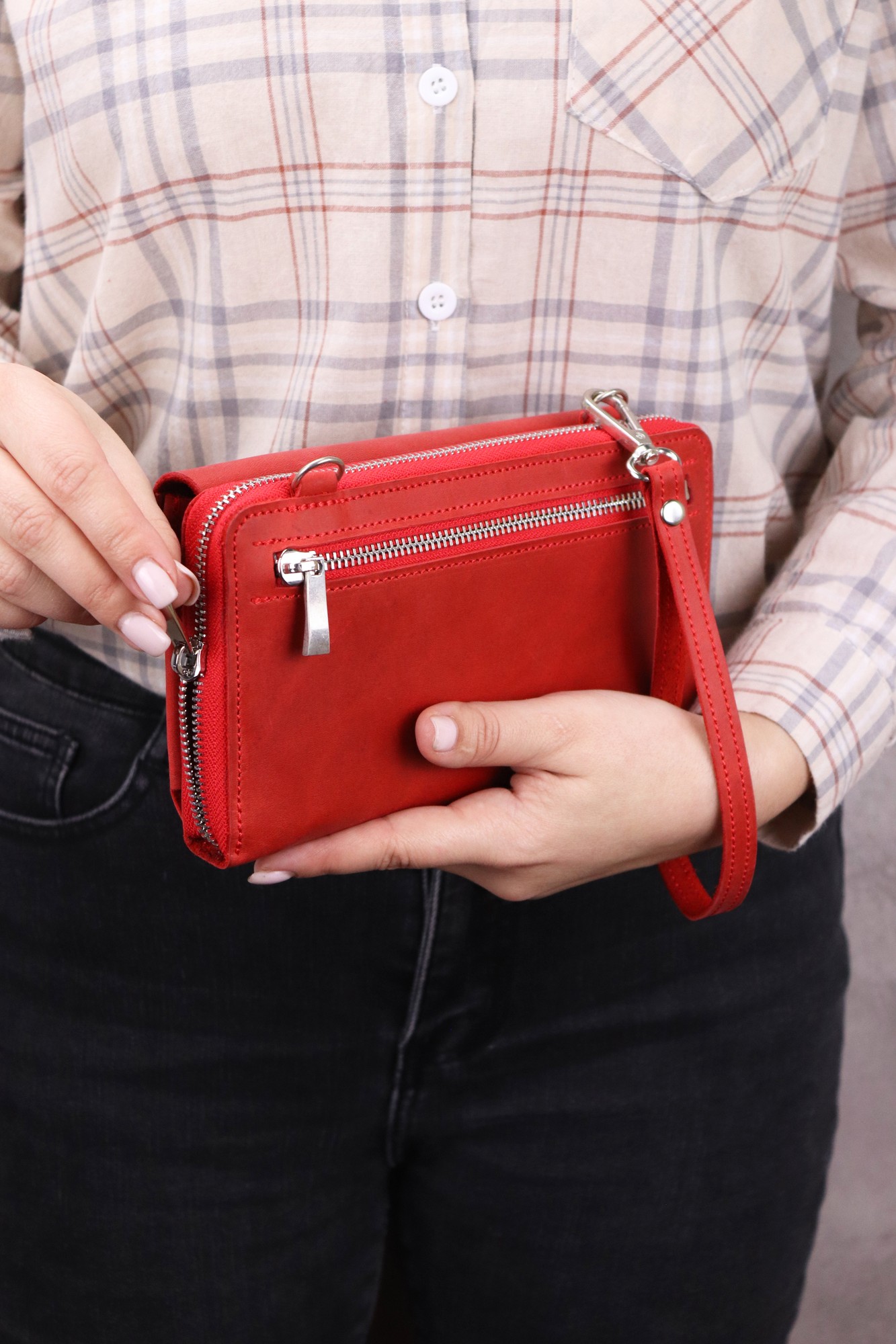 Leather Smartphone Crossbody Small Bag for Women/ Purse for iPhone 14 Pro with Wrist Strap/ Red/ 1011. Made in Ukraine