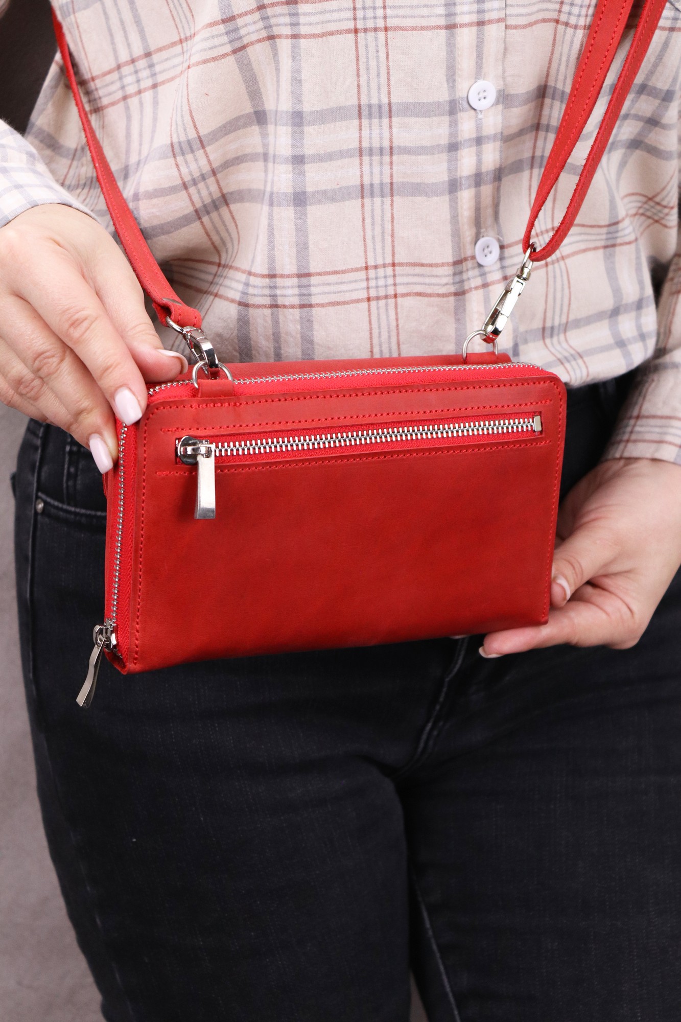 Leather Smartphone Crossbody Small Bag for Women/ Purse for iPhone 14 Pro with Wrist Strap/ Red/ 1011. Made in Ukraine