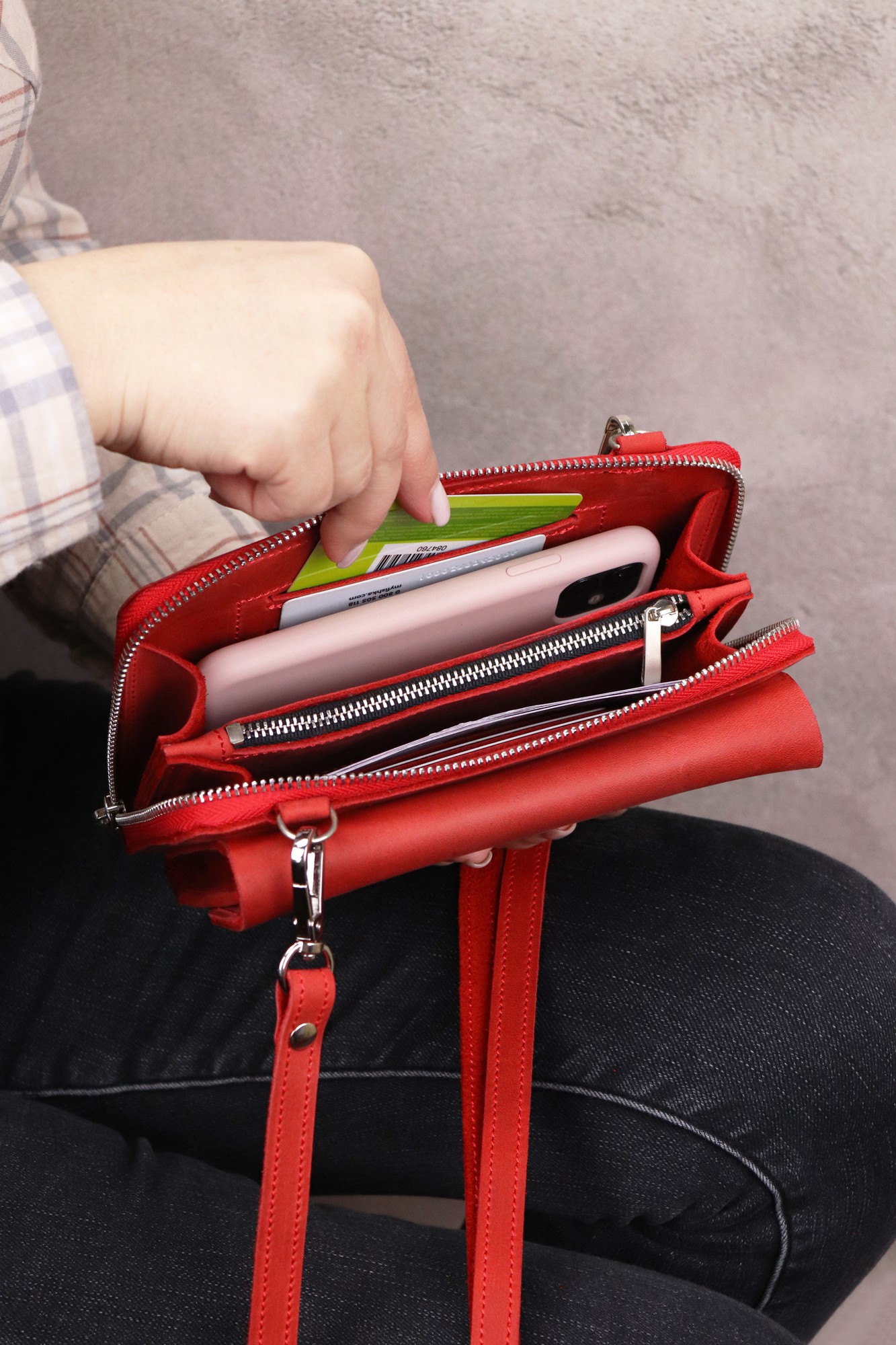 Leather Smartphone Crossbody Small Bag for Women/ Purse for iPhone 14 Pro with Wrist Strap/ Red/ 1011. Made in Ukraine