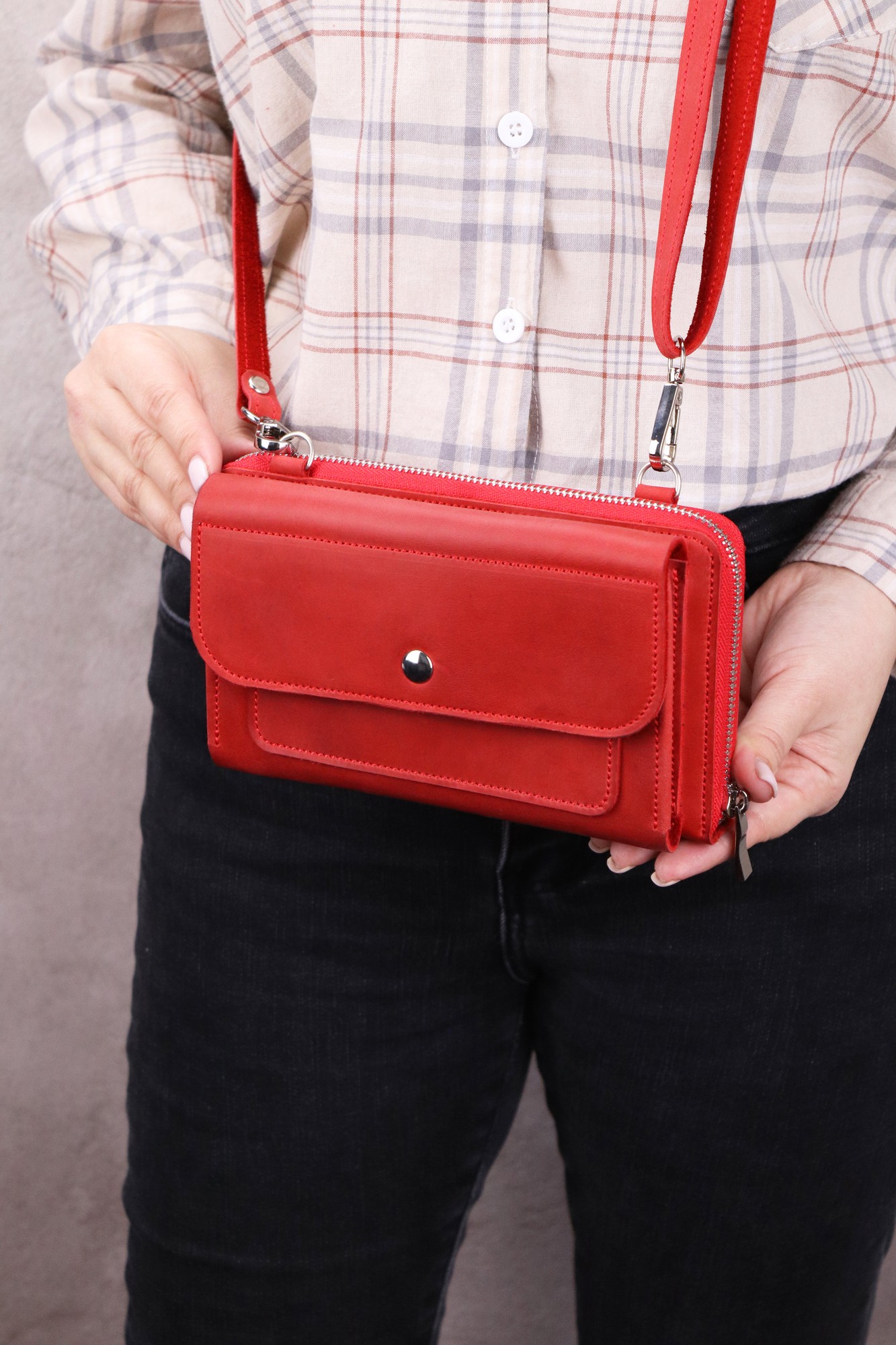 Leather Smartphone Crossbody Small Bag for Women/ Purse for iPhone 14 Pro with Wrist Strap/ Red/ 1011. Made in Ukraine