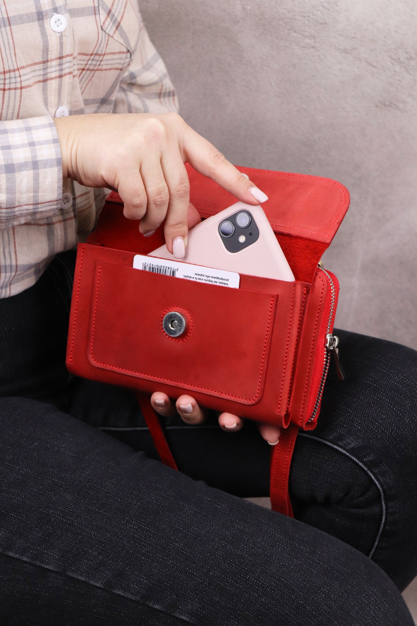 Leather Smartphone Crossbody Small Bag for Women/ Purse for iPhone 14 Pro with Wrist Strap/ Red/ 1011. Made in Ukraine